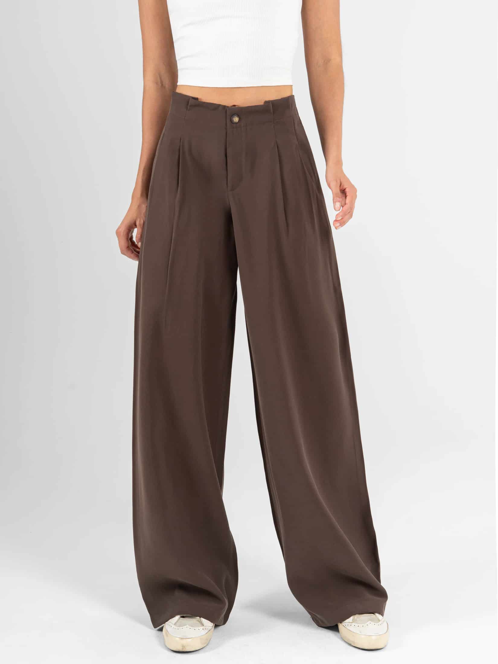 Ref: 0620586 Pantalón wide leg, tejido plano liviano, tiro alto, pretina resortada, tono cafe - miniatura 1