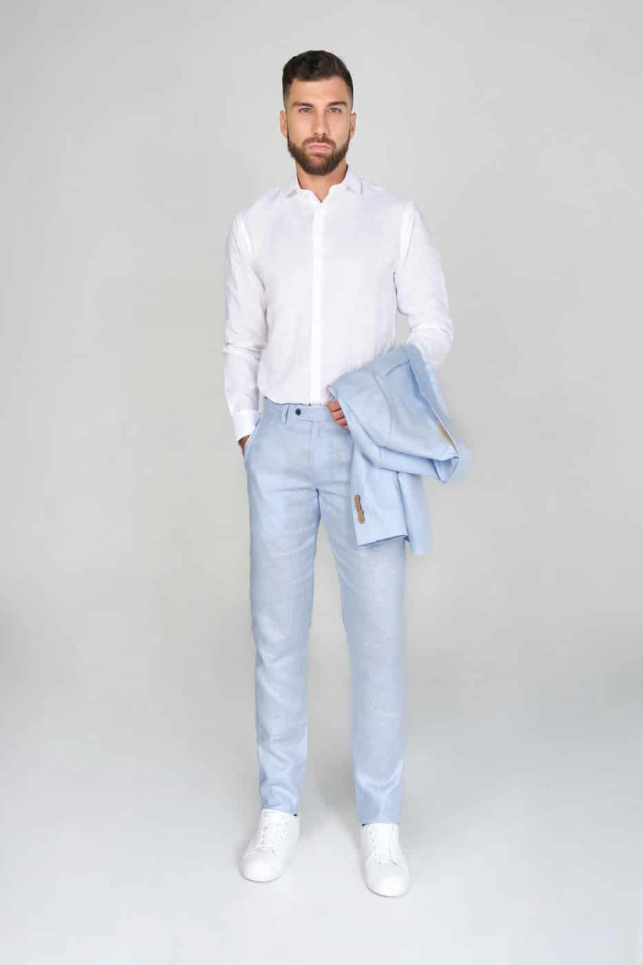 Pantalón Formal Slim Fit 100% Lino Azul Claro - miniatura 1