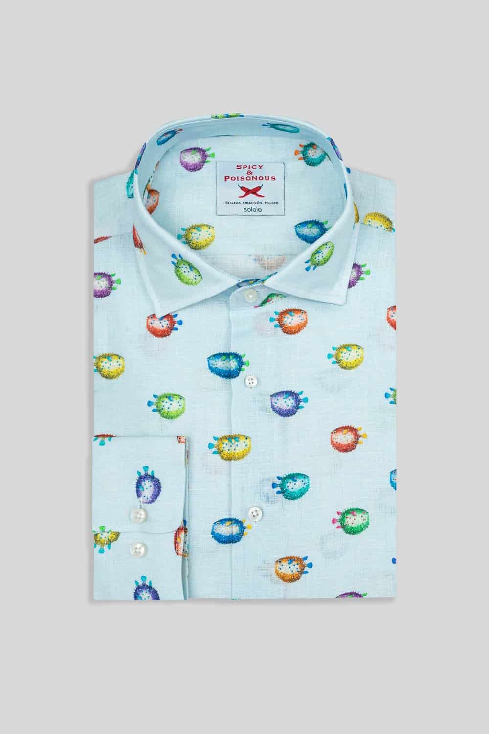Men's linen shirt turquoise pufferfish - miniatura 3