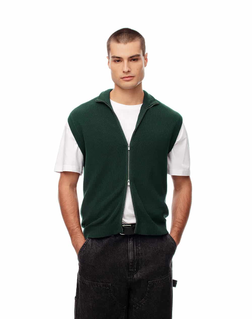 Chaleco regular tejido de punto algodón verde hombre - miniatura 1