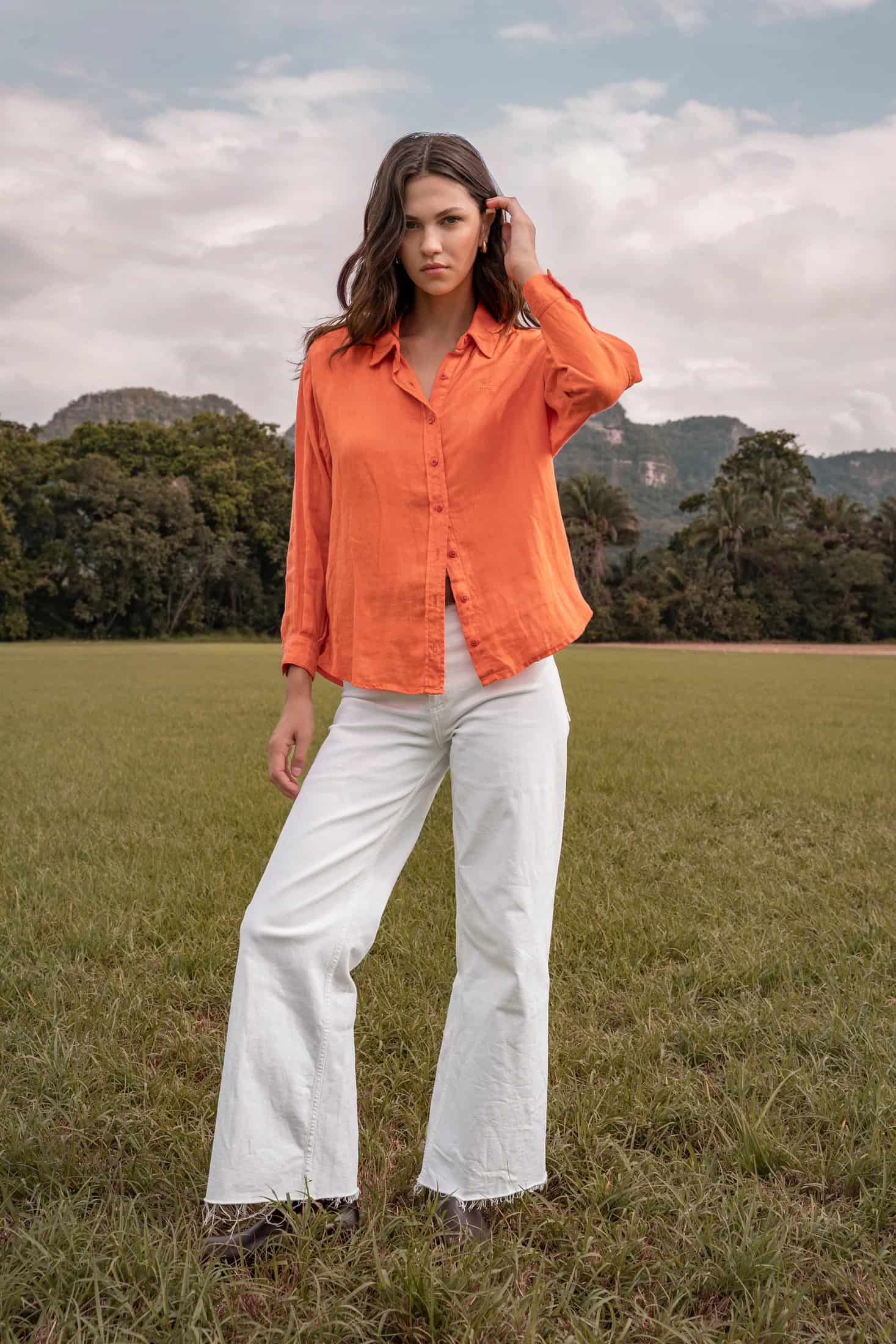 Camisa Lino Mujer Naranja - miniatura 4