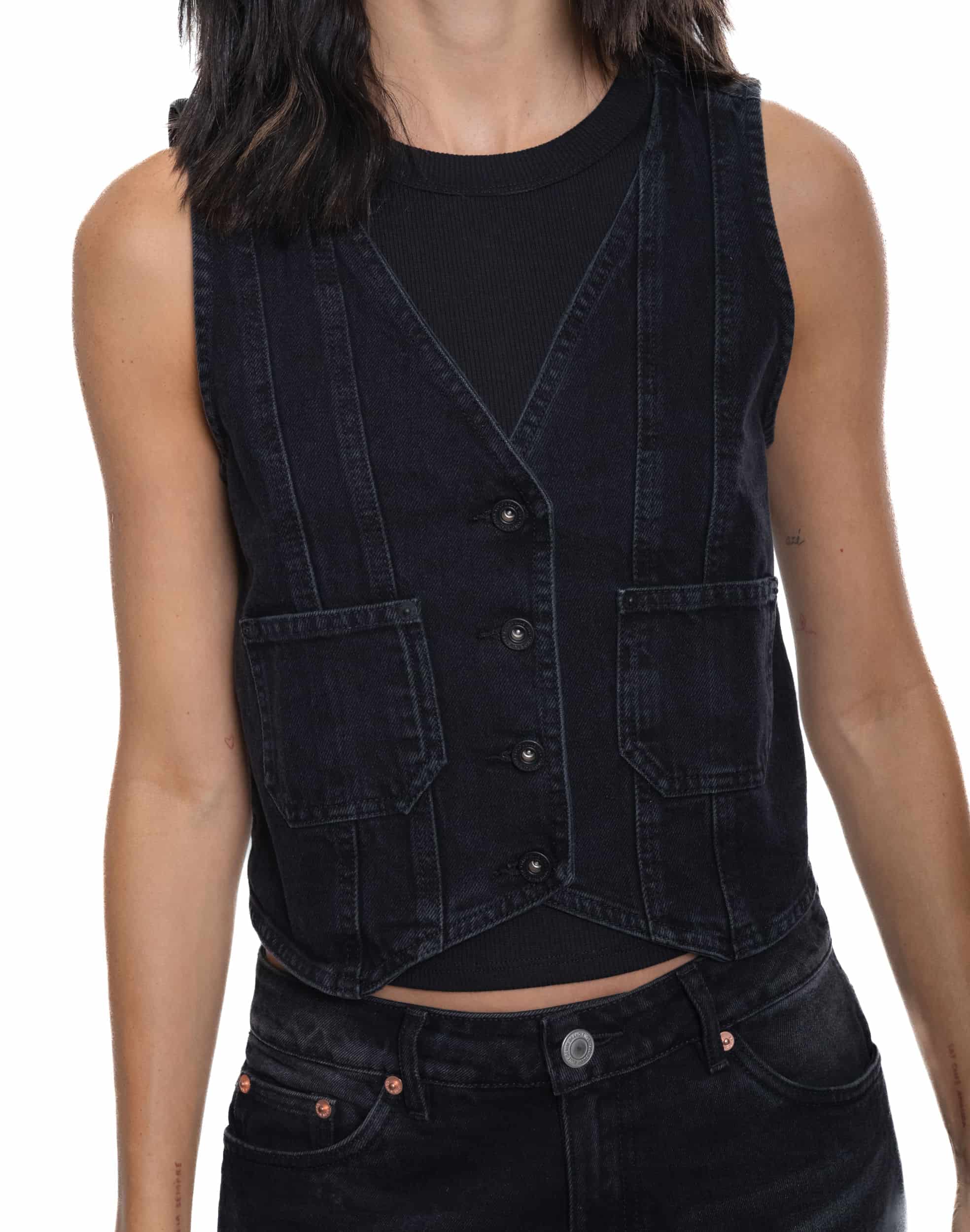 Chaleco Denim Negro Con Bolsillos - miniatura 3