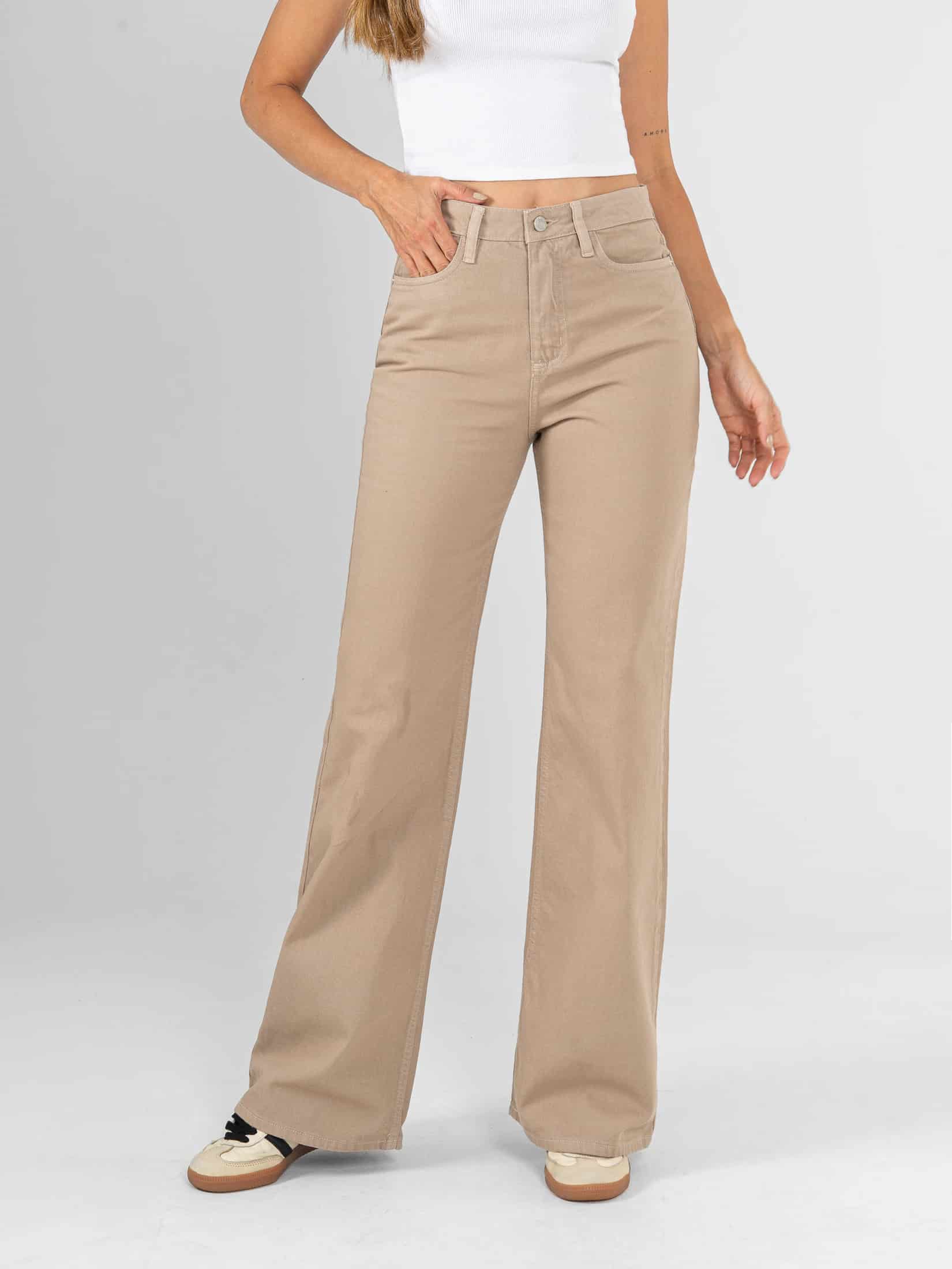 Ref: 0620459 Pantalón mom flare, rígido, tiro alto, tono caqui - miniatura 3