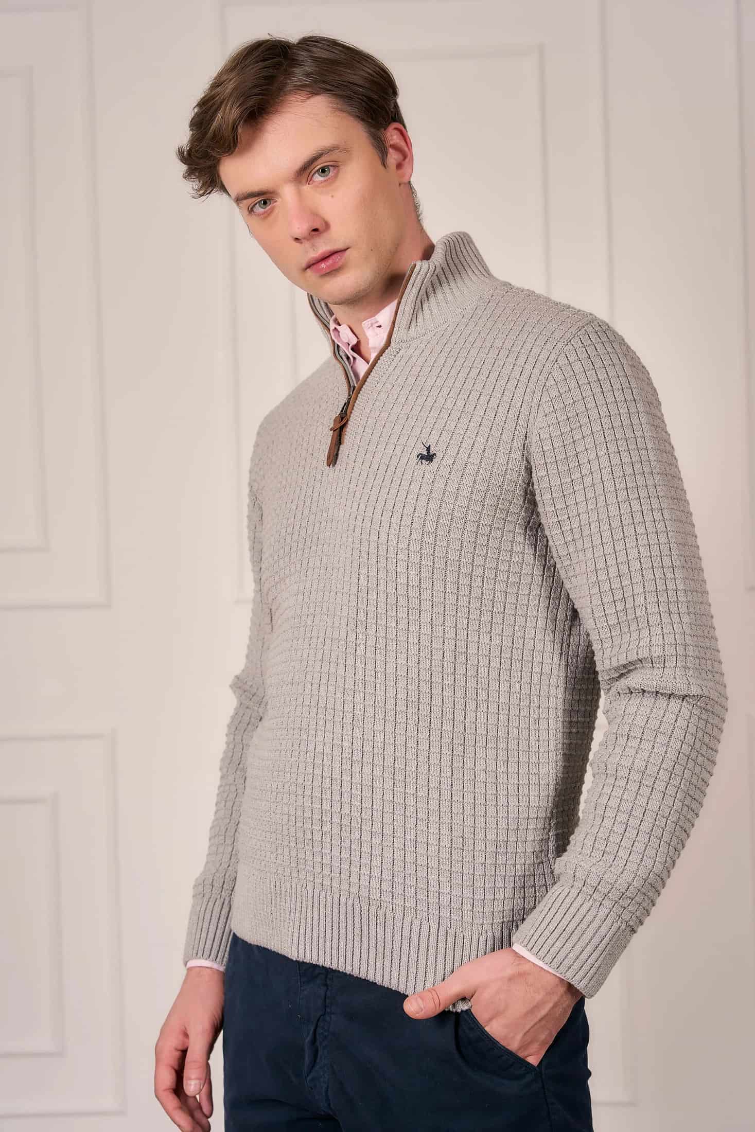 Suéter Halfzip Waffle Hombre Gris Claro - miniatura 1