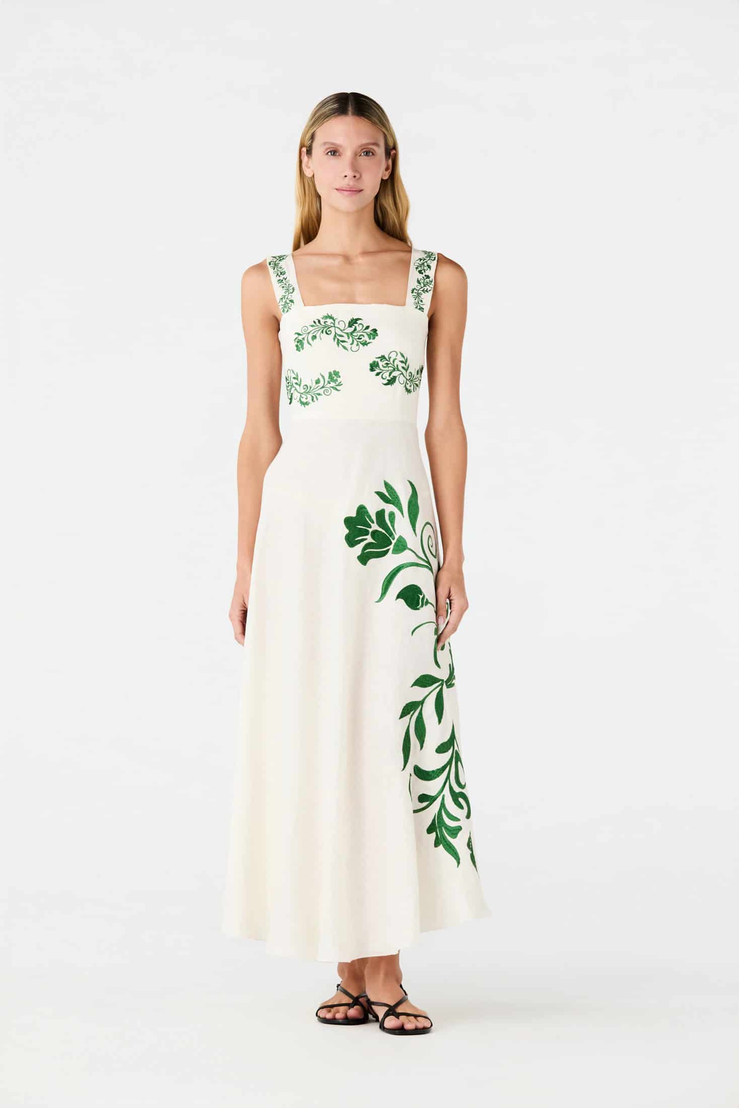 Noelia Embroidered Linen Midi Dress / Ivory Green Buganvilias - miniatura 2