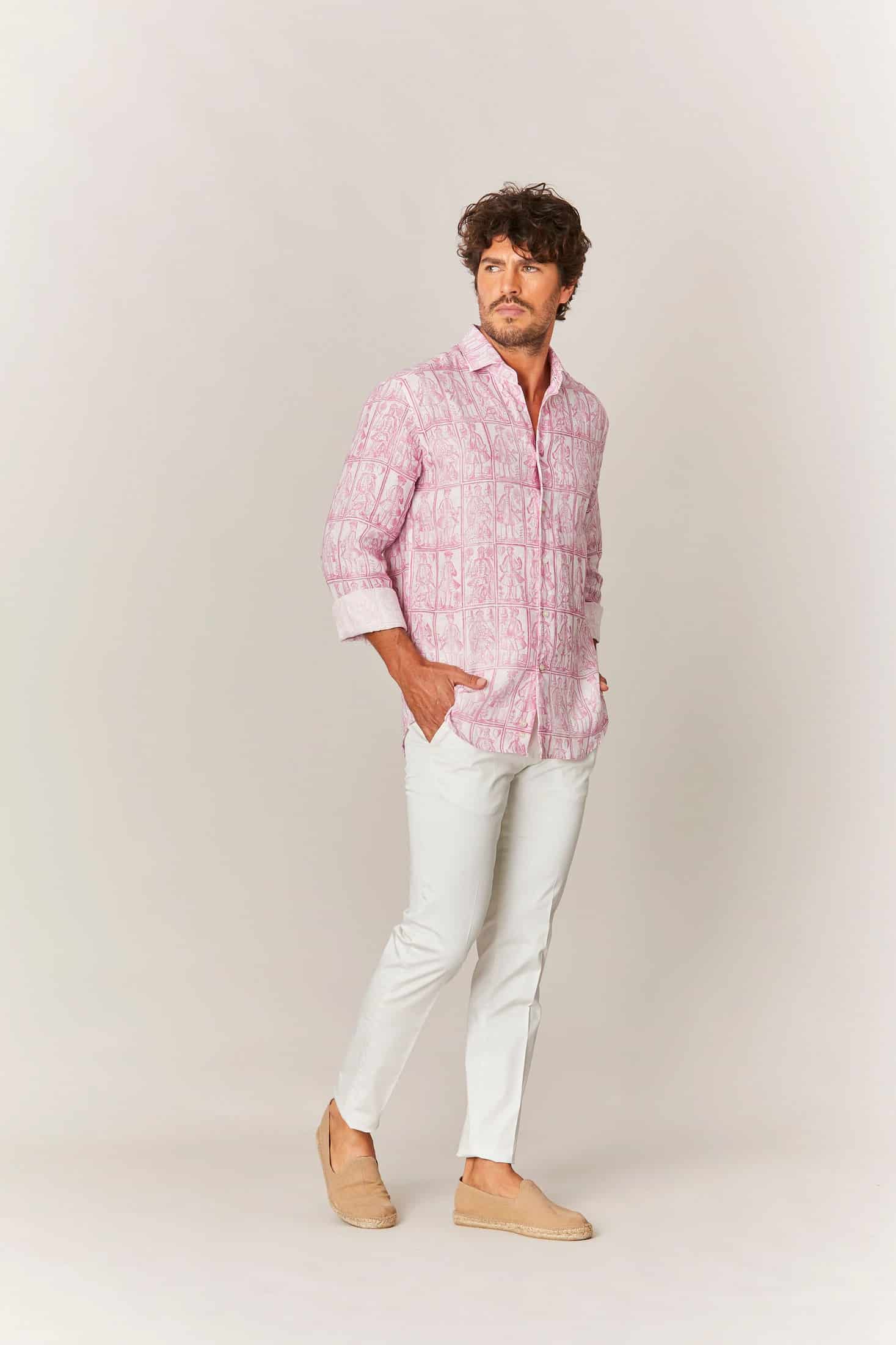 Men's linen shirt pink cards - miniatura 2