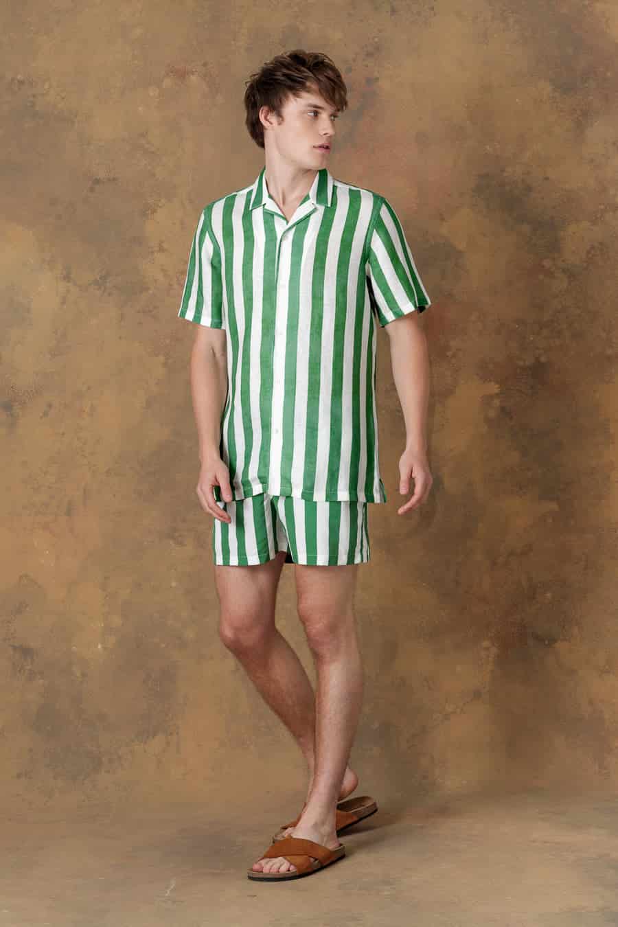 Men's linen shirt bowling spina striped green - miniatura 2