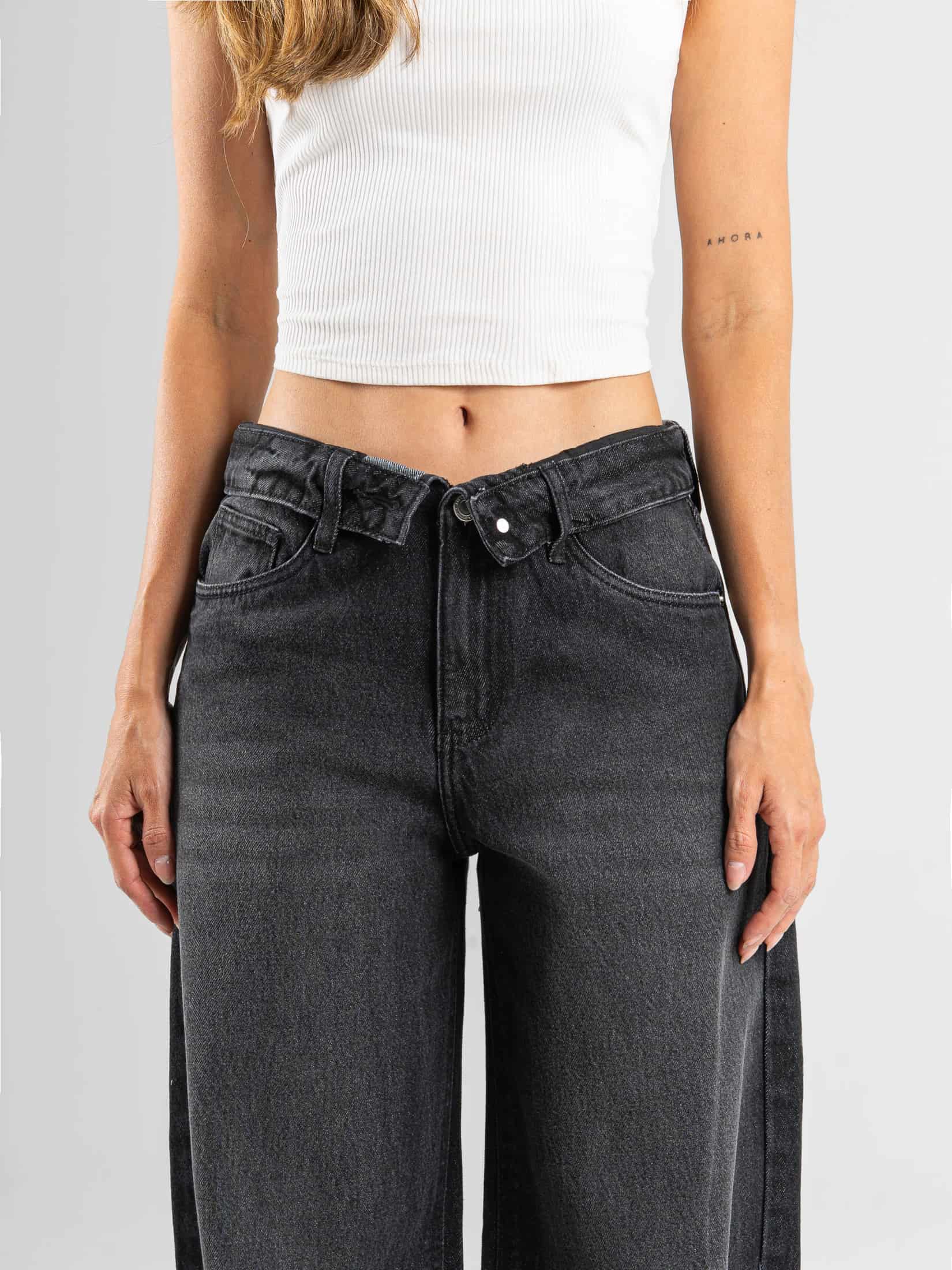 Ref: 066530 Jean wide leg, rígido, tiro medio, detalle en pretina, tono gris oscuro - miniatura 4