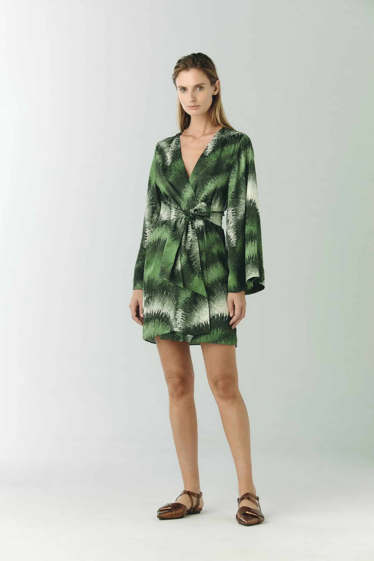 Joaquina Silk Jacquard Mini Kaftan / Green Brushed - miniatura 1