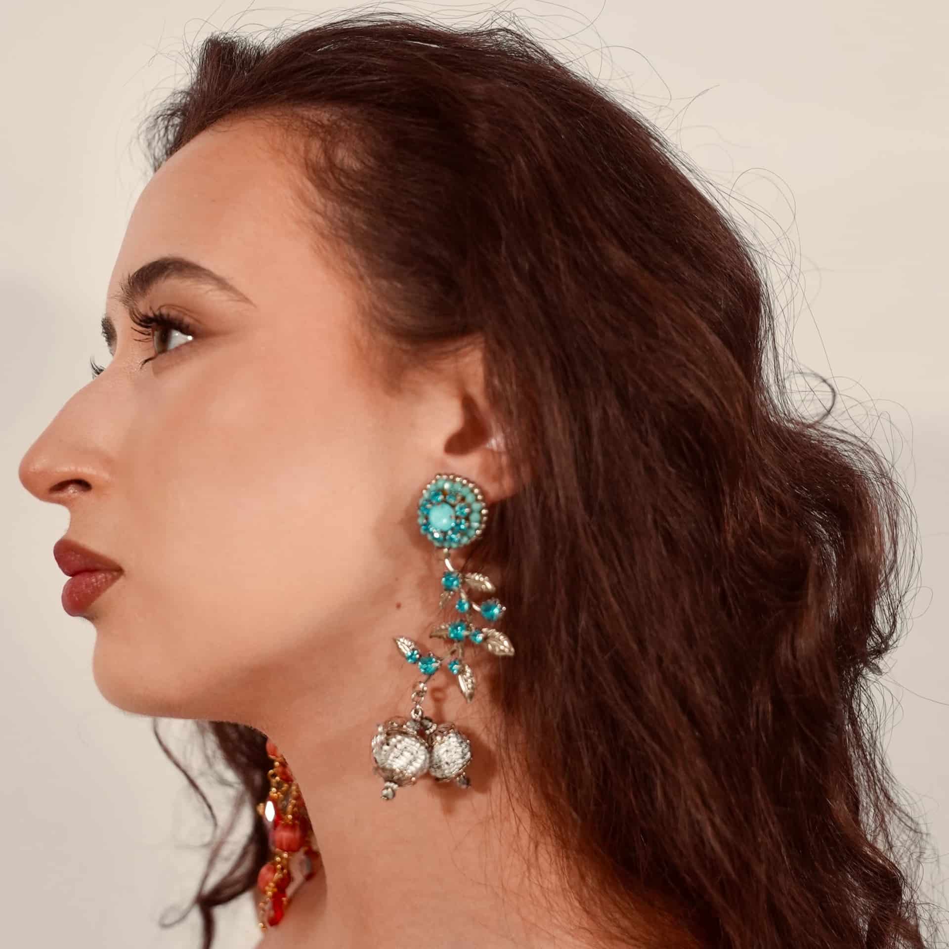 Flower with Leaf Turquoise Earrings - miniatura 2