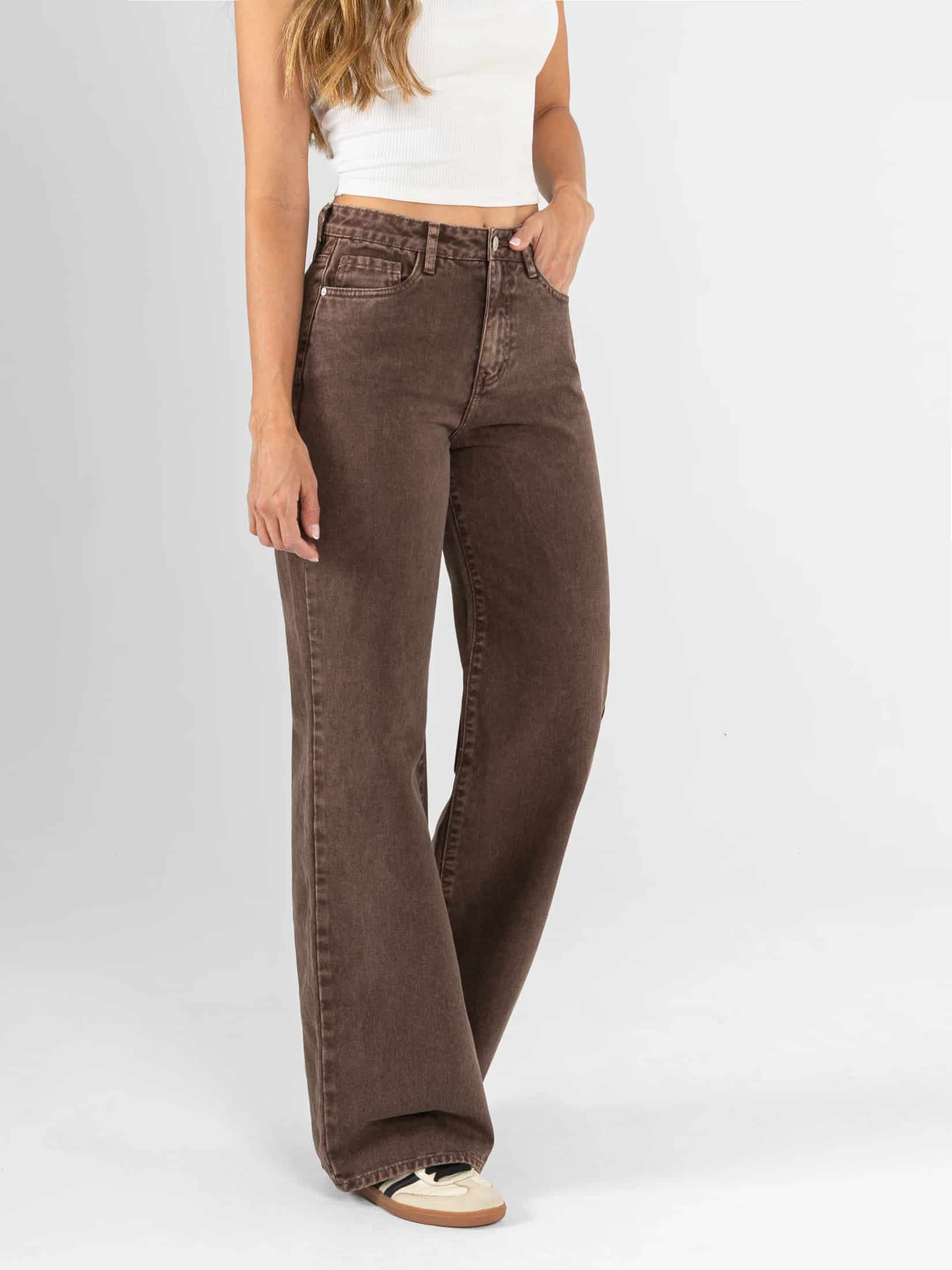 Ref: 0620543 Pantalón mom flare, rígido, tiro alto, tono cafe - miniatura 3