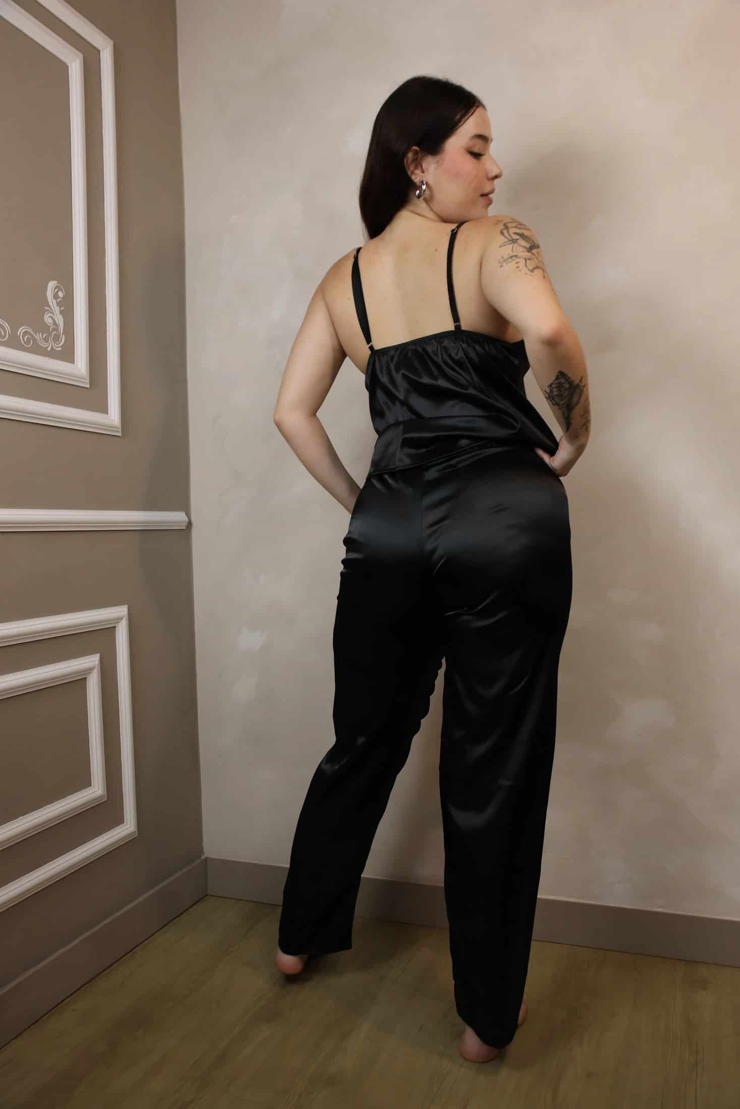 Pijama Pantalón Satín Negra - miniatura 2