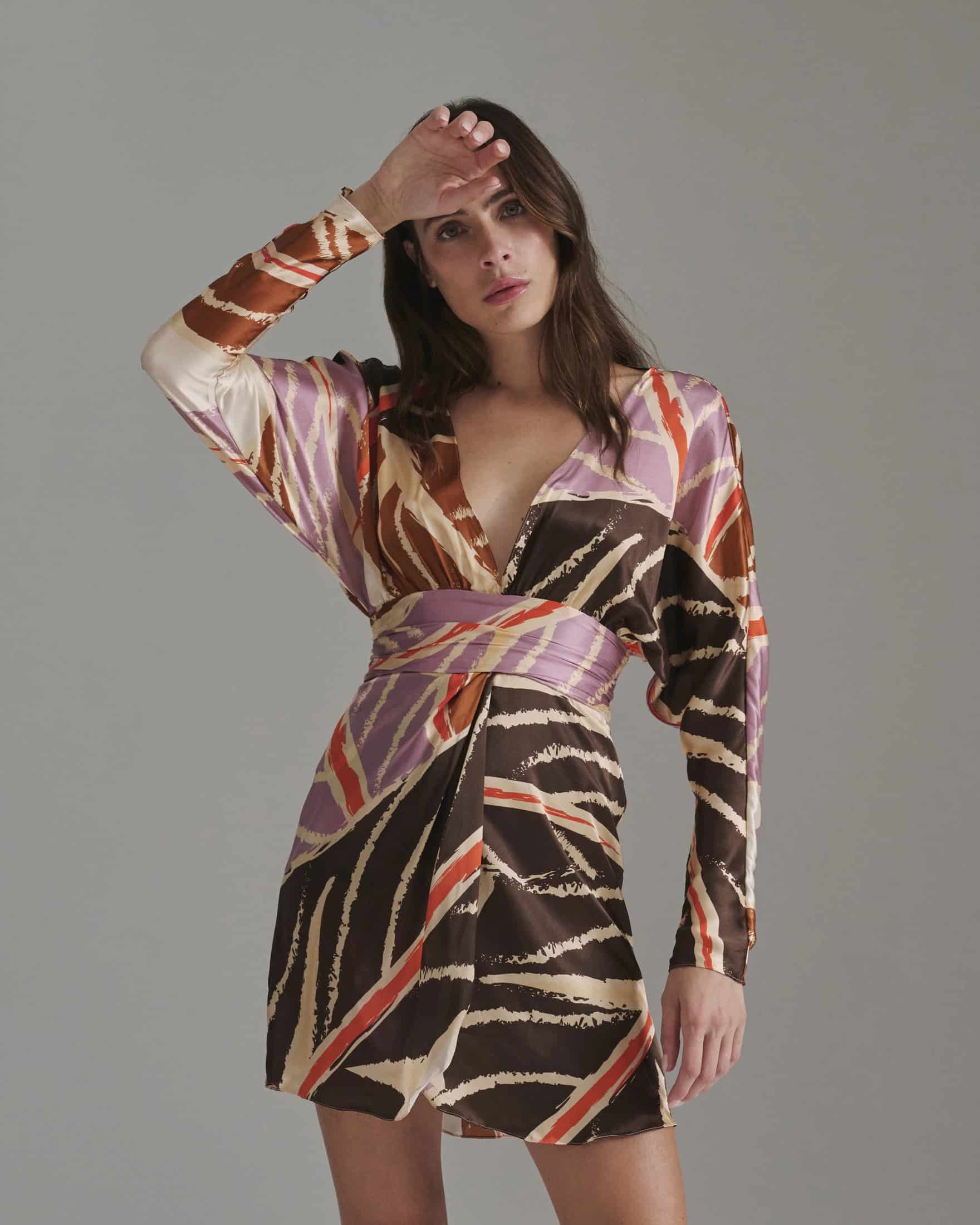 Grecia Satin Silk Mini Dress / Lilac Platanera Leaves - miniatura 1