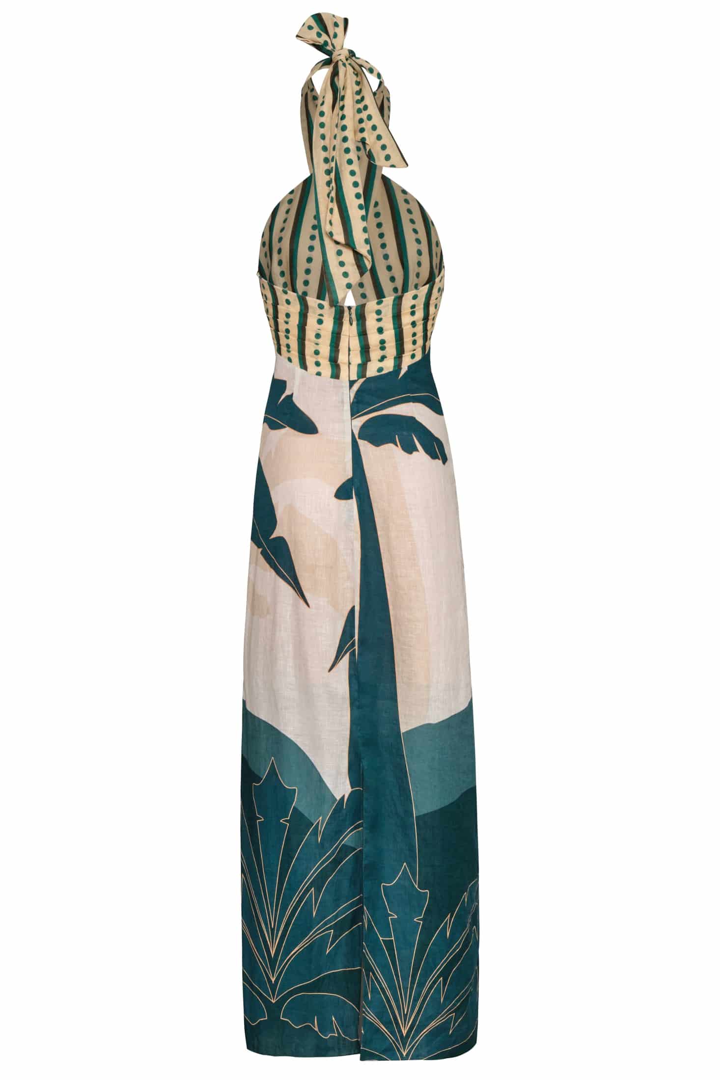 Costa del Sol Linen Midi Dress / Aquamarine Palms - Green Stripes - miniatura 3