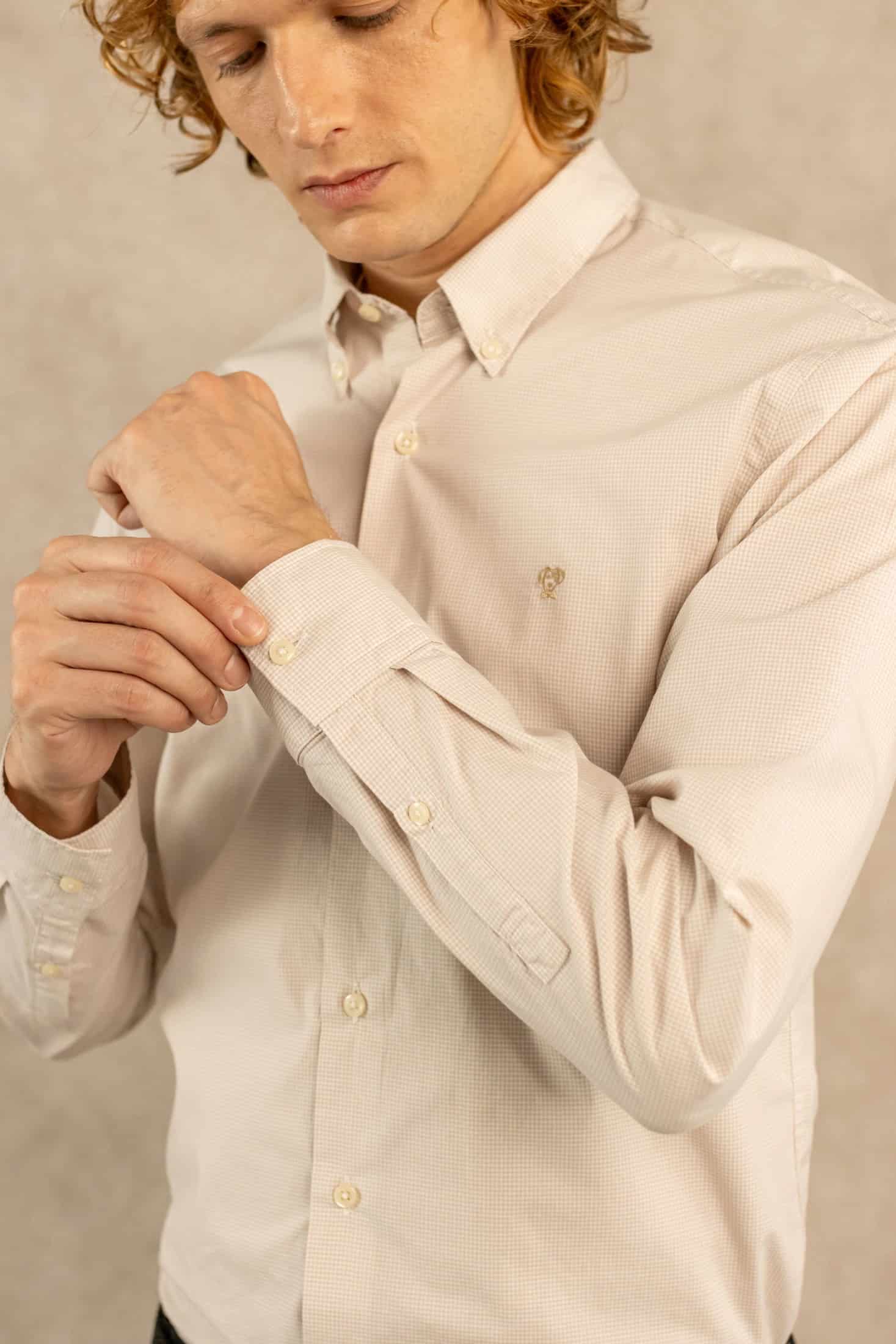 Camisa Antimanchas Popelina Cuadros Pequeños Beige - miniatura 3