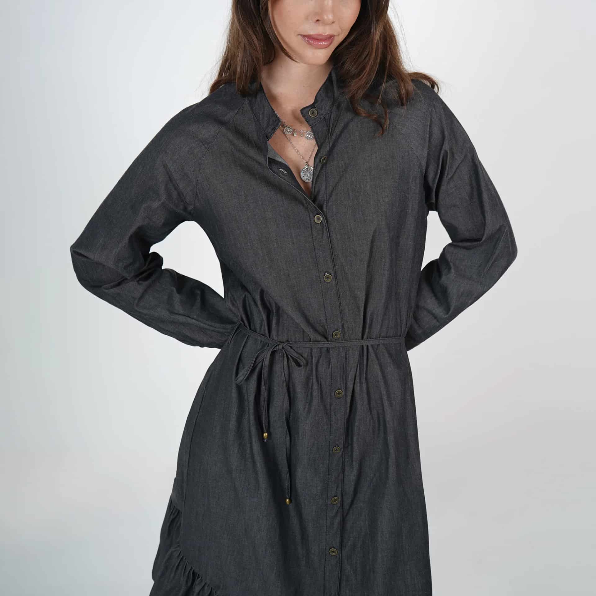 Vestidi midi camisero en denim con lazo - miniatura 3