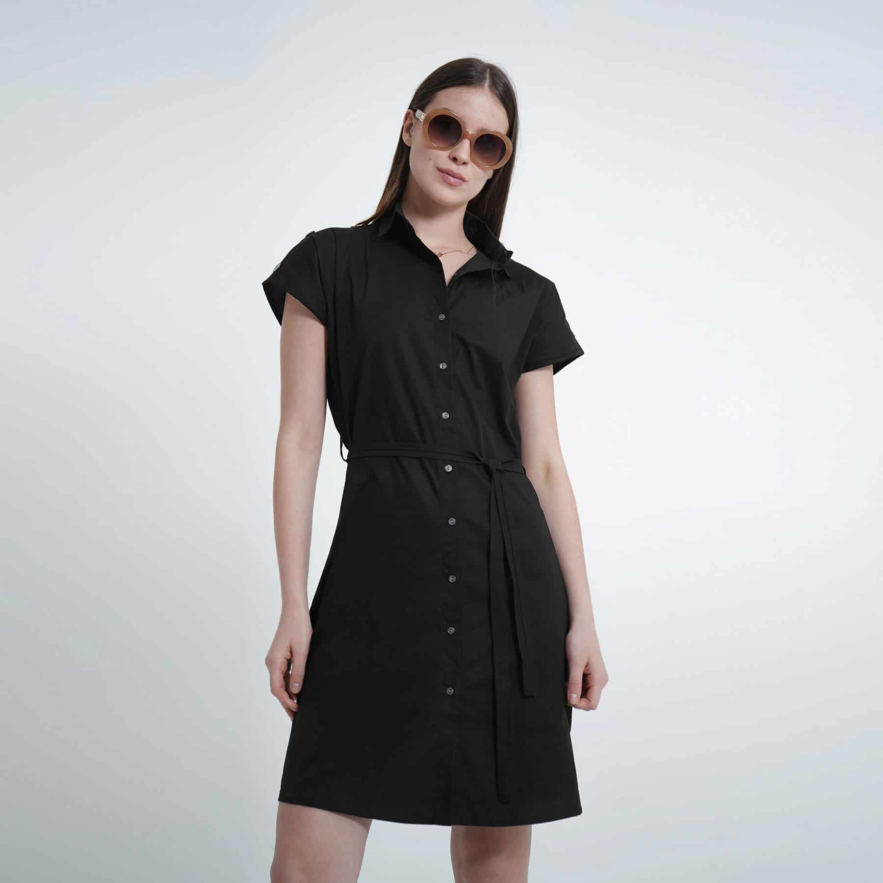 Vestido corto manga corta rodada cuello camisero con lazo - miniatura 3