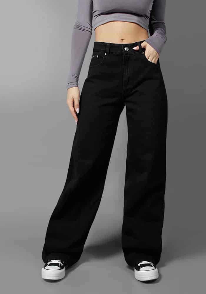 Jean Rigido Wide Leg Para Mujer Negro Mate New - miniatura 1