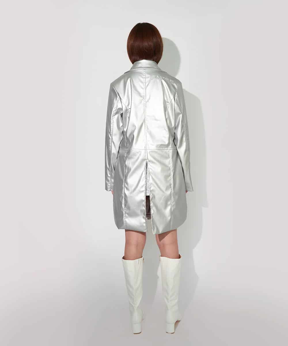 Faux Leather Overcoat In Silver - miniatura 3
