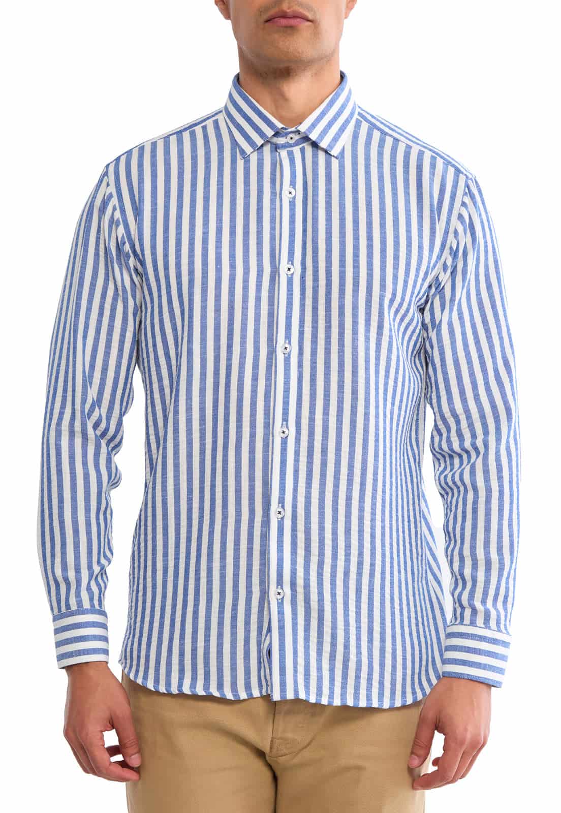 Camisa en lino azul a rayas blancas - miniatura 3