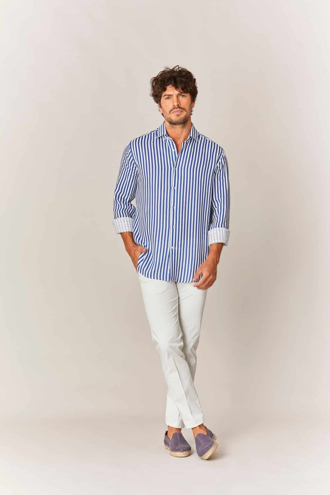 Men's linen shirt electric blue stripes - miniatura 2