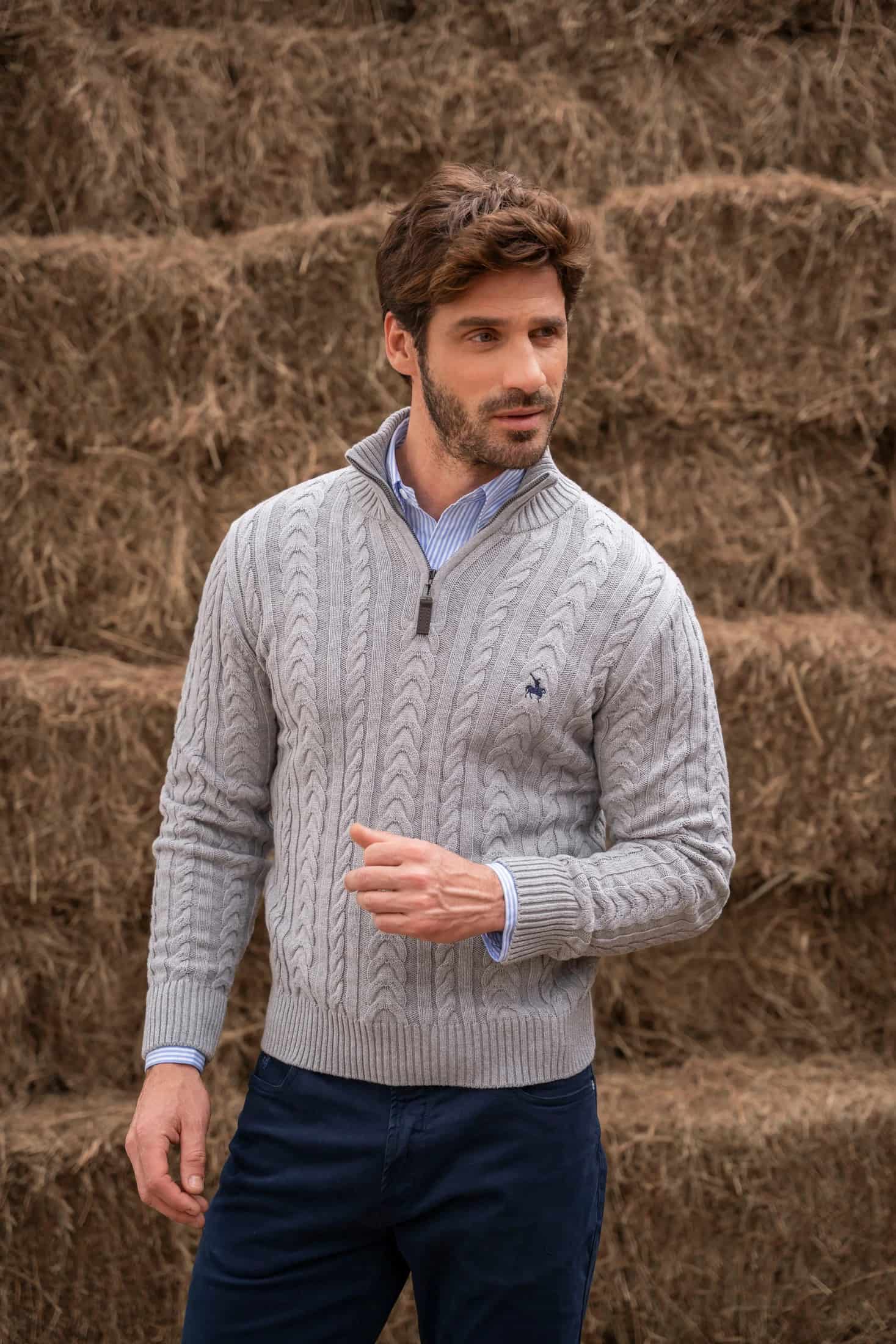 Suéter Halfzip Trenzado Rib Hombre Gris Claro - miniatura 1