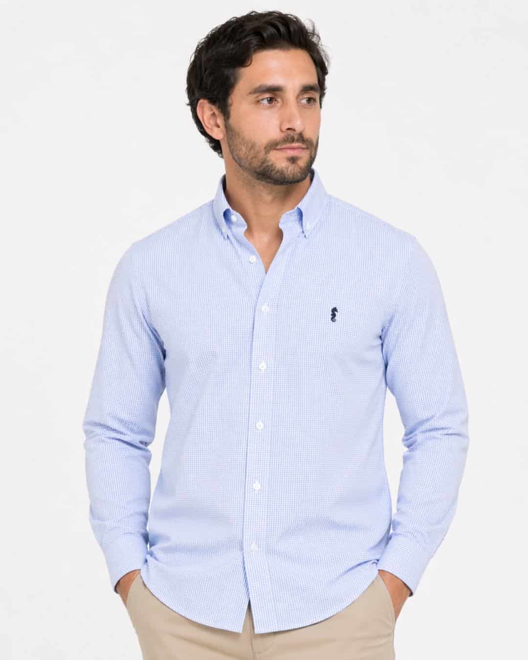 Camisa 100% Algodón Manga Larga Cuadros Azul Claro - miniatura 3