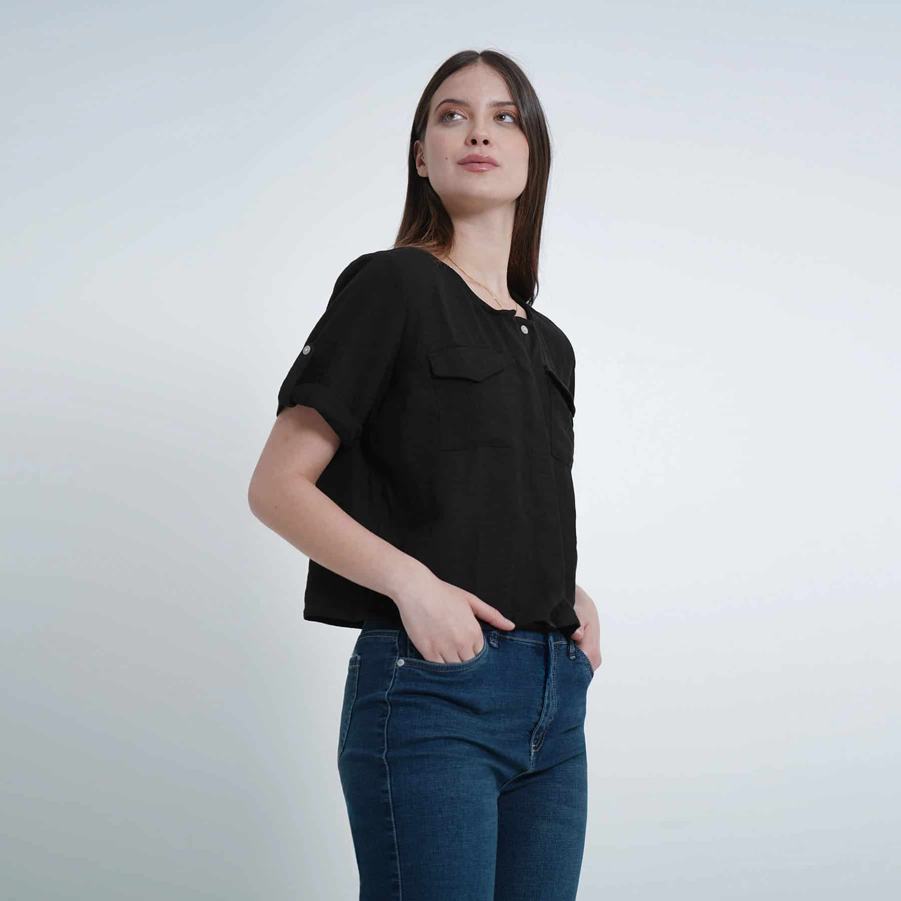 Blusa abierta escote redondo manga corta con charreteras - miniatura 10