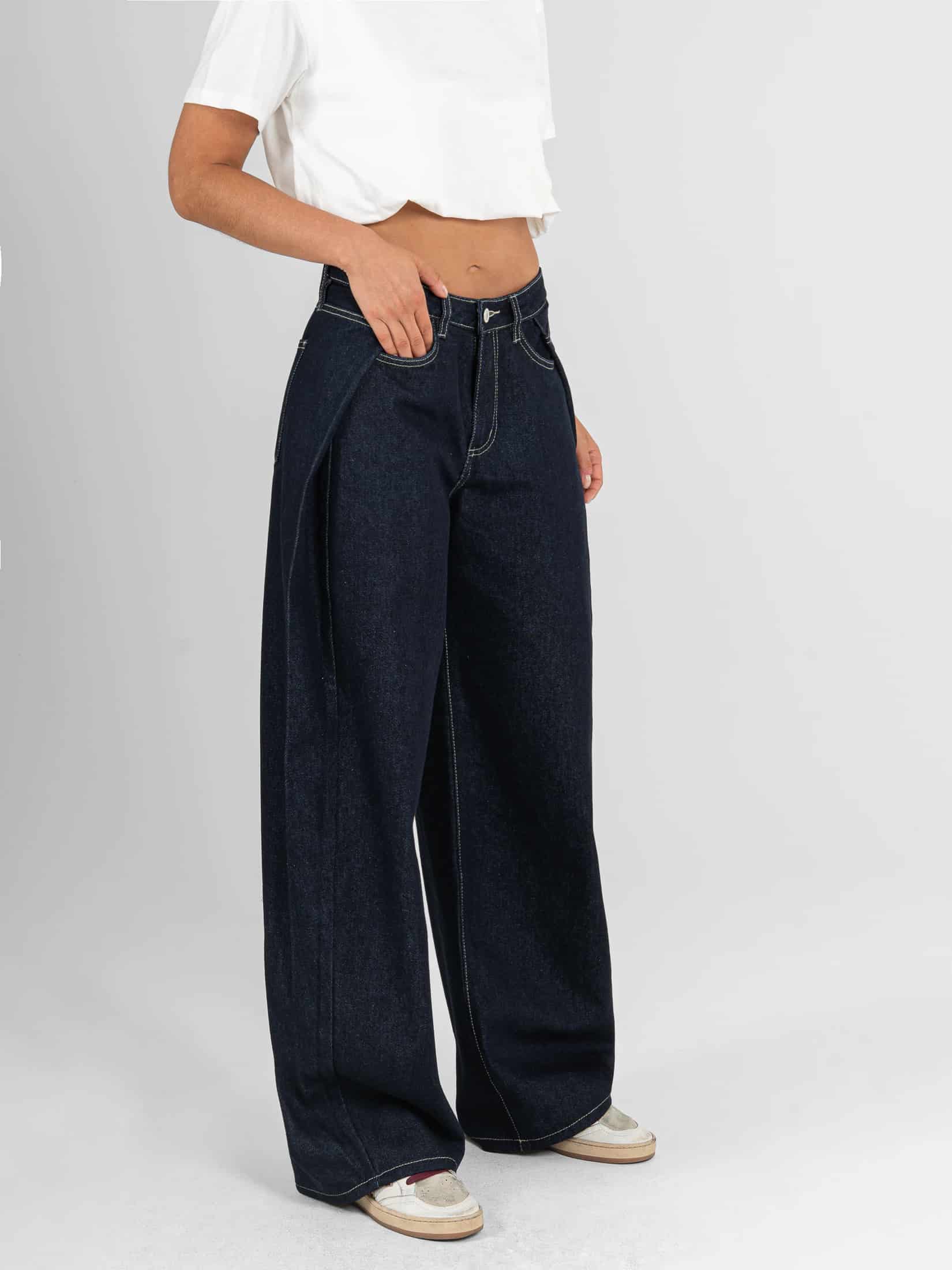 Ref: 066571 Jean wide leg , rígido, tiro medio, detalle de pliegue en costado, tono azul oscuro - miniatura 4