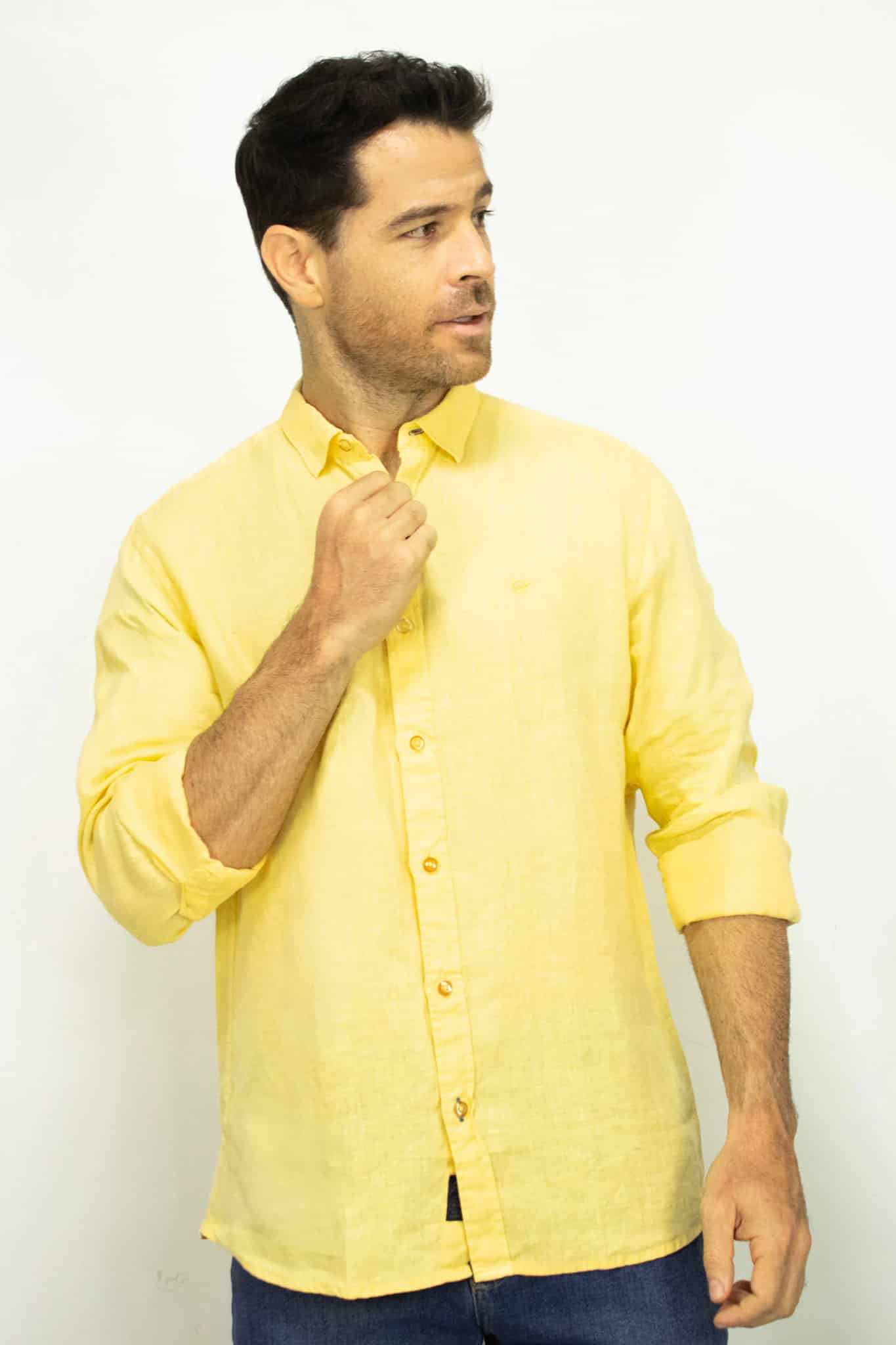 Camisa de Lino Manga Larga Amarilla para Hombre - miniatura 1