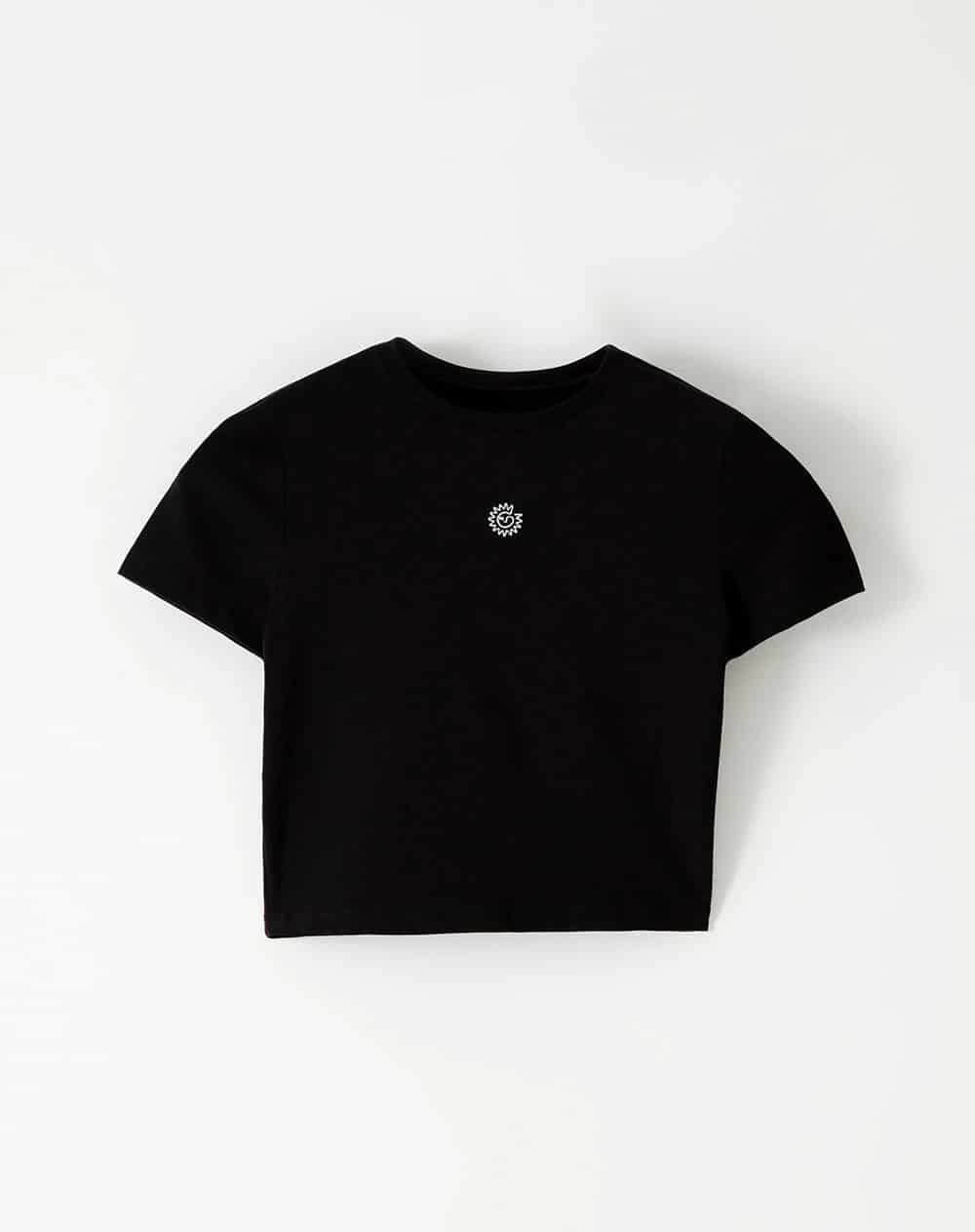 Camiseta crop slim algodón negra bordado mujer - miniatura 5