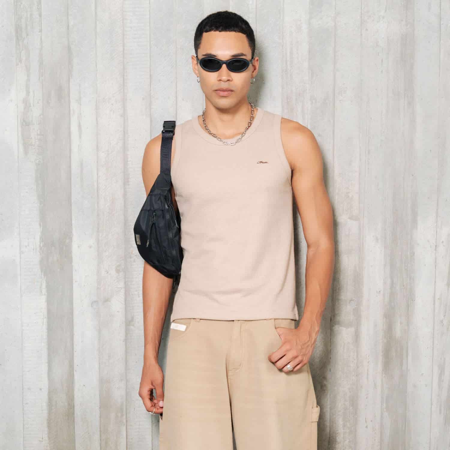 Textured Sleeveless T-Shirt - Sand - miniatura 6
