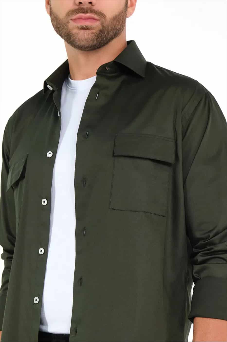 Camisa Slim Fit 100% Algodón Verde Militar - miniatura 3