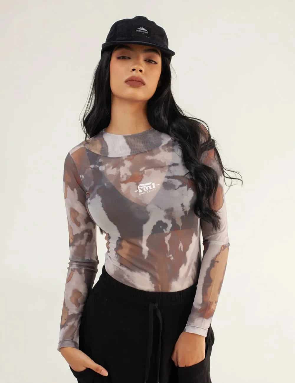 Crop Top Largo Mesh Manga Larga Butterfly verde militar Mujer - miniatura 1