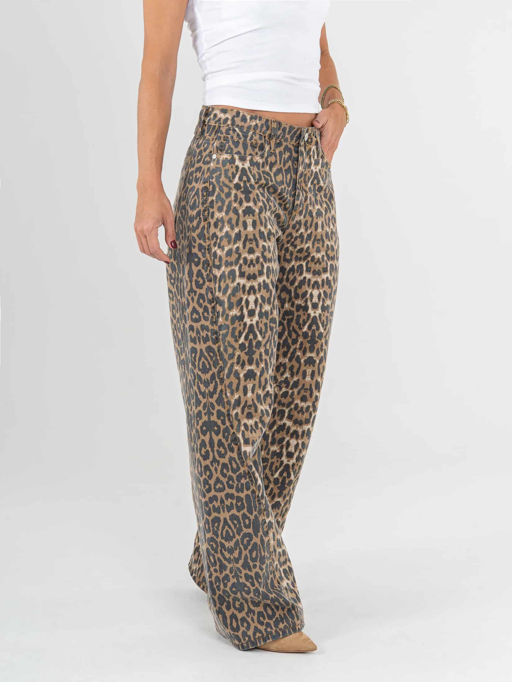 Ref: 0620197 Pantalón wide leg, rígido, tiro alto, corte en costado, estampado animal print. - miniatura 3
