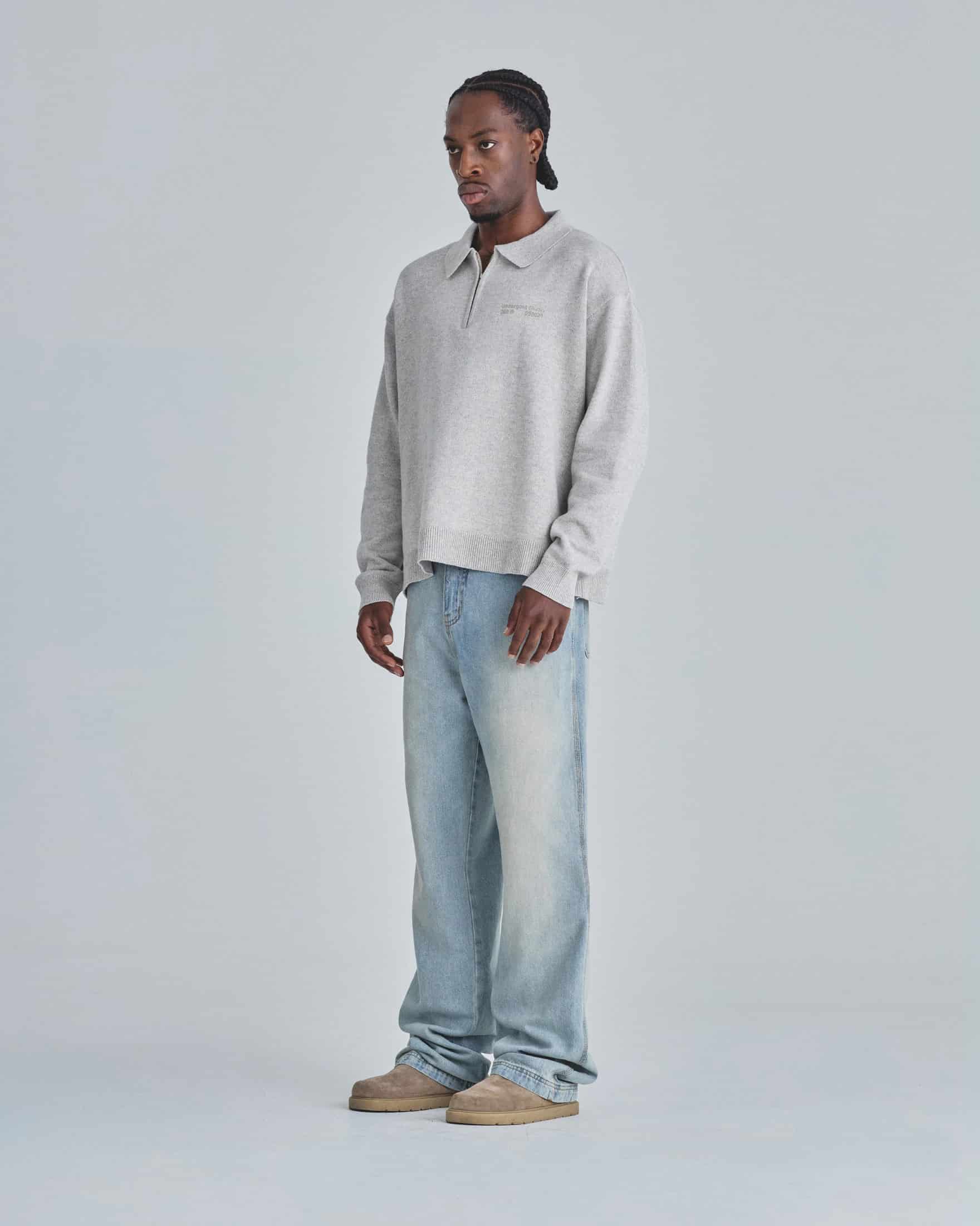 Line Knit Zip Up Long Sleeve Polo Shirt Seed Gray - miniatura 5