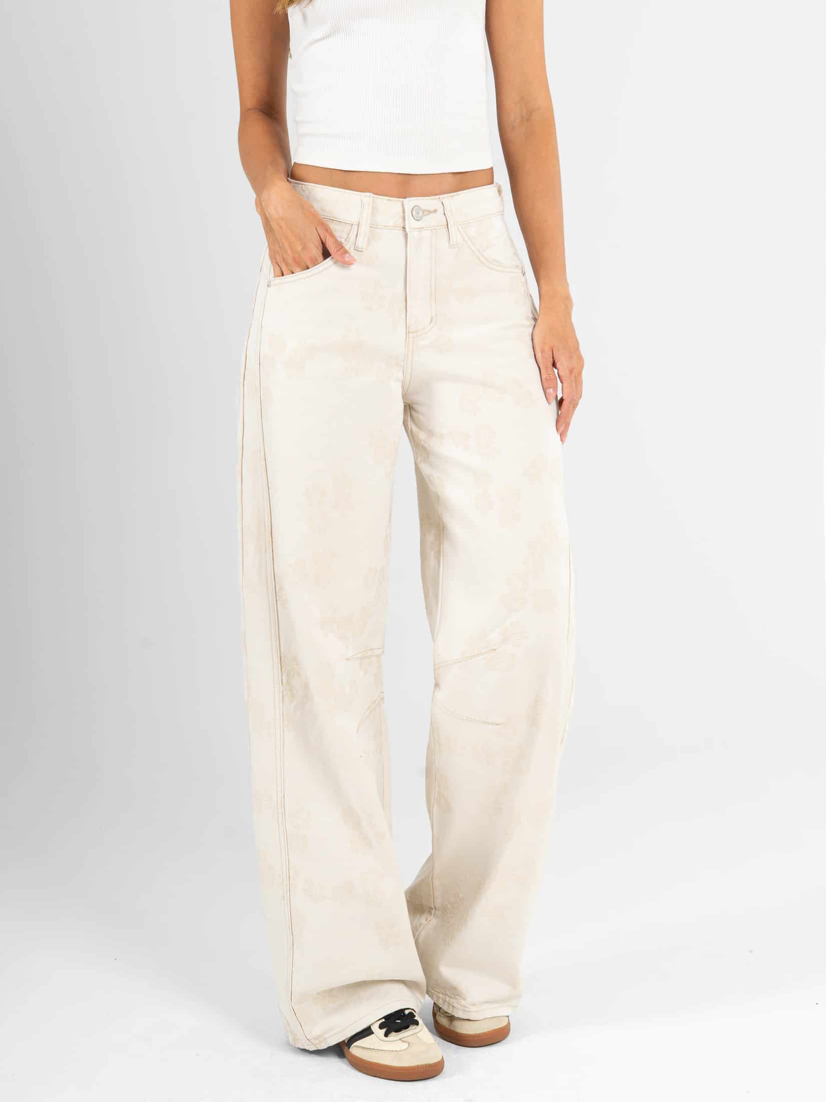 Ref: 0620622 Pantalón wide leg, rígido, detalle de tela bordada, tono natural - miniatura 1