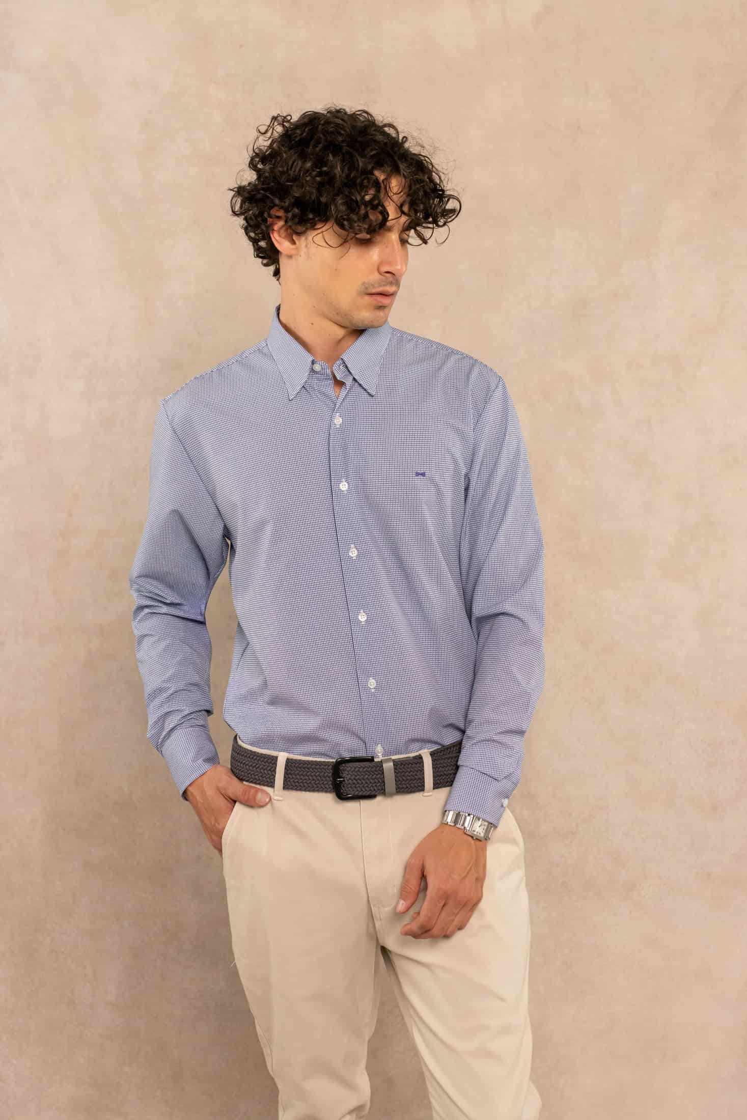 Camisa Performance Antiarrugas Cuadros Textura Azul Oscuro - miniatura 7