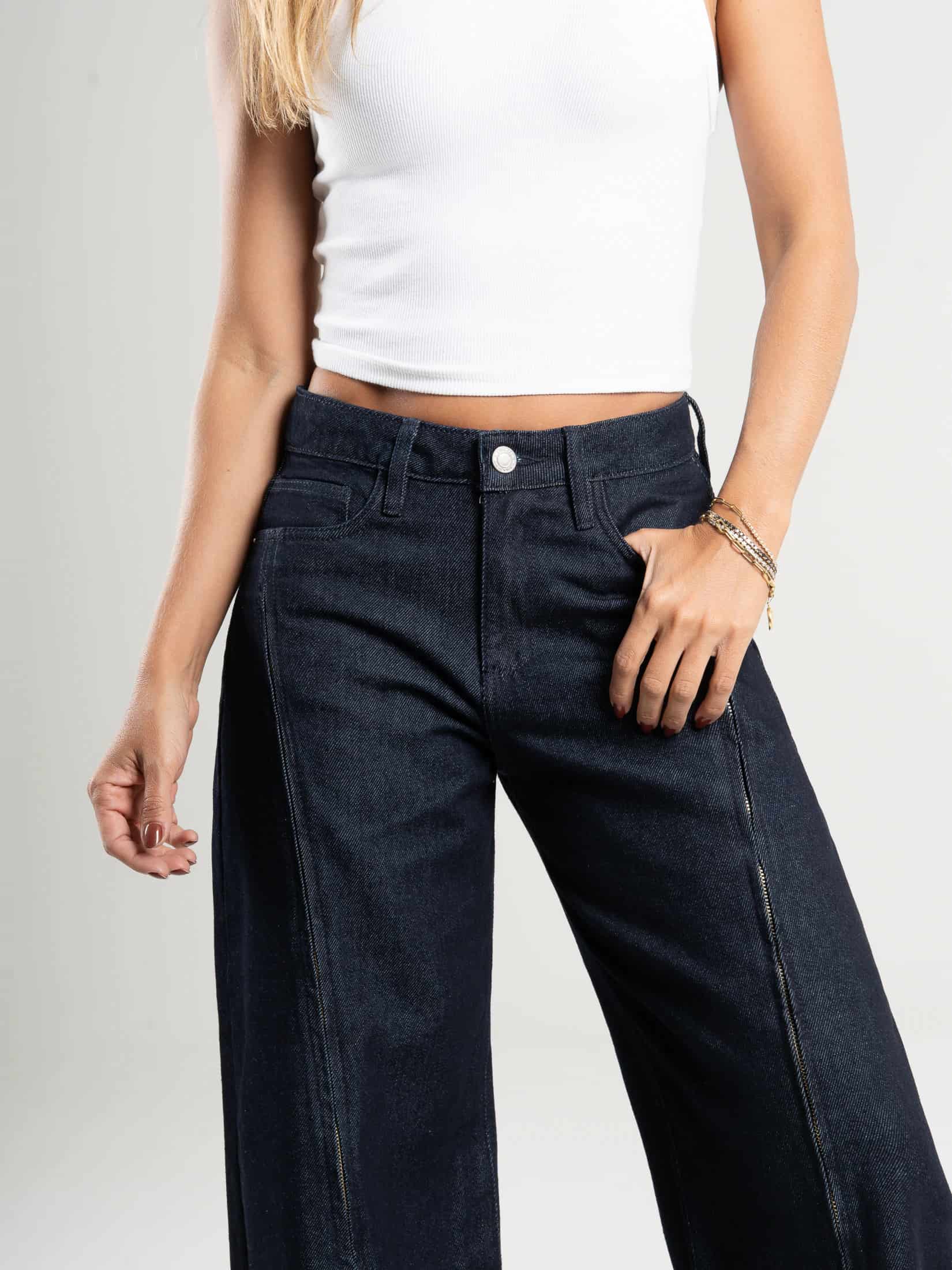 Ref: 066378 Jean wide leg, rigido, tiro alto, detalle con cierres, tono azul oscuro - miniatura 2