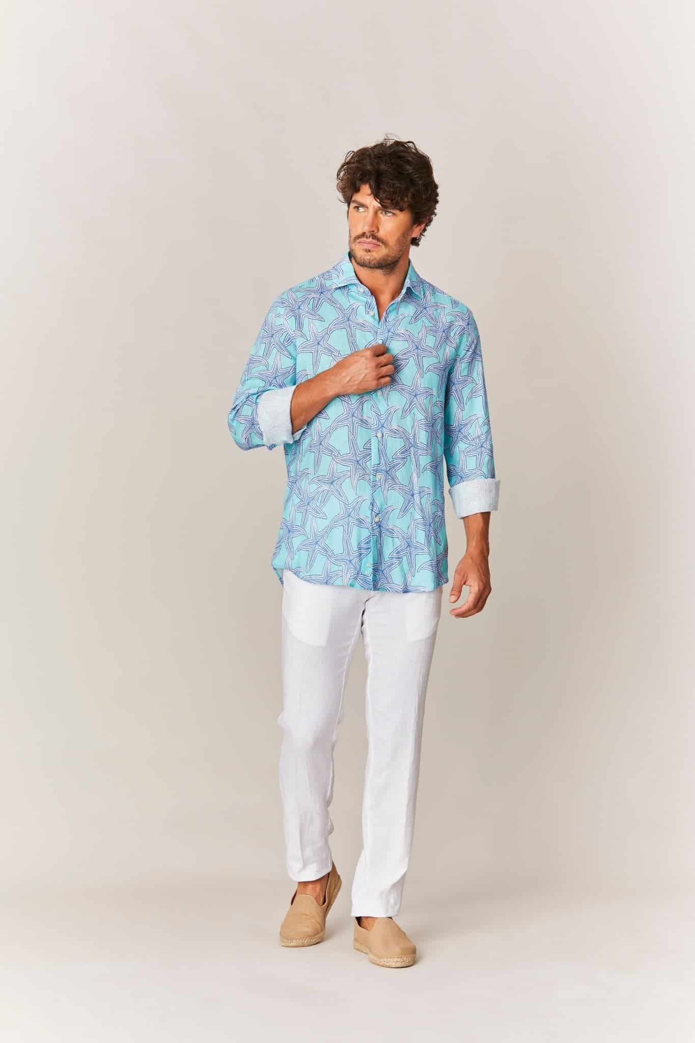Men's linen shirt turquoise stella - miniatura 2