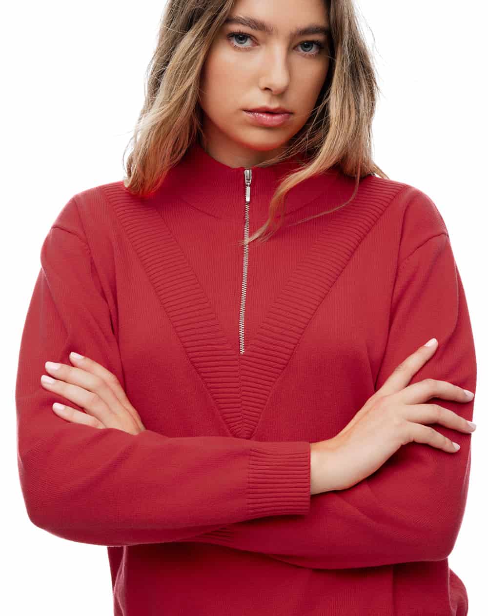 Buzo tejido regular cuello alto cierre rojo mujer - miniatura 3