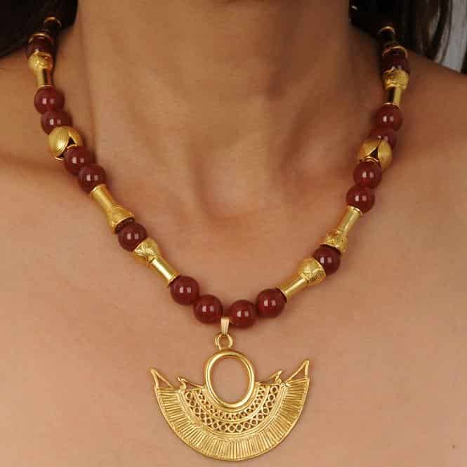 Collar Semipreciosa Cornalina 10mm y Dije Nariguera Alada de Filigrana Sinú - miniatura 2