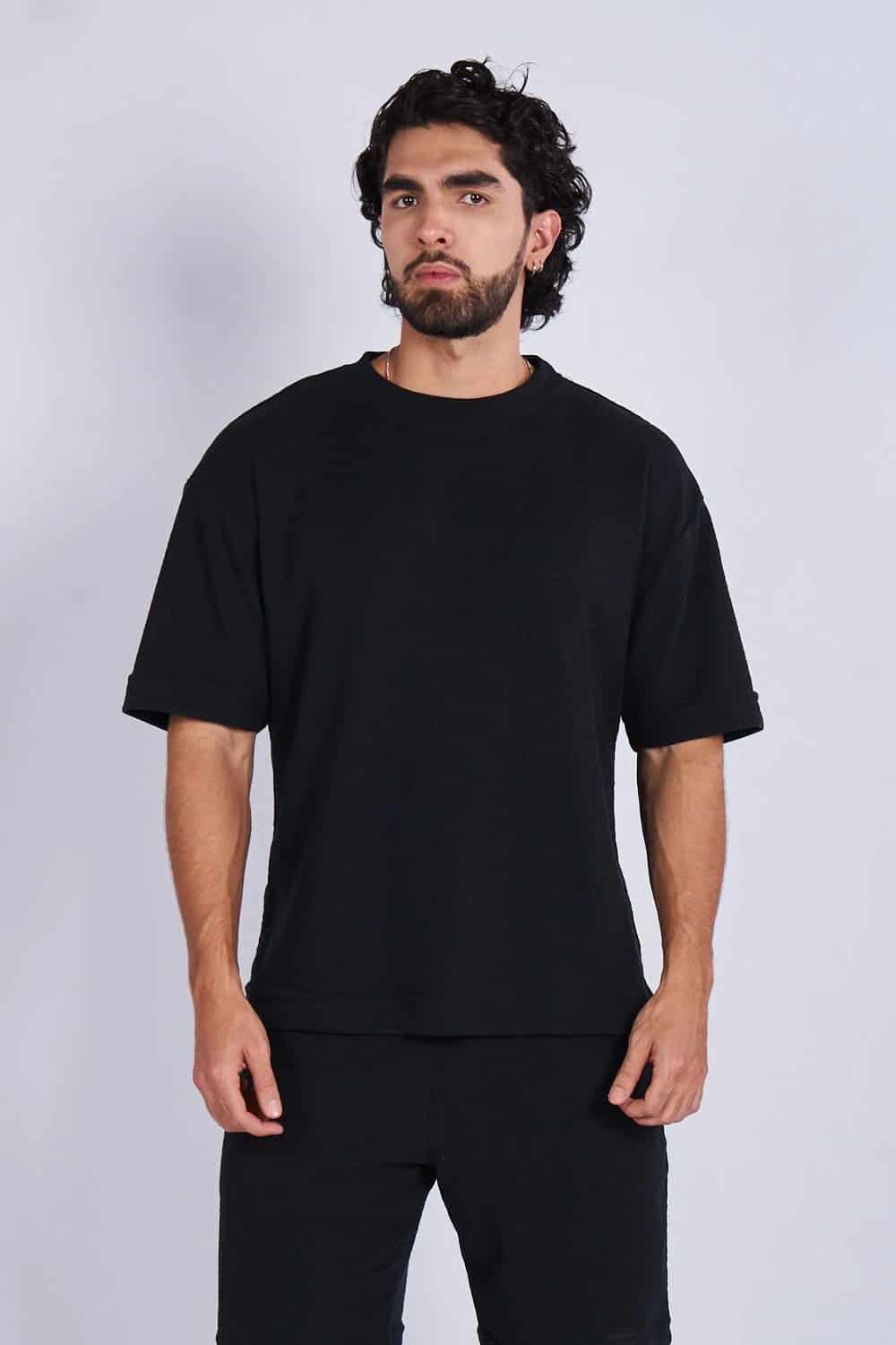 Camiseta oversize textura horizontal Negra - miniatura 1
