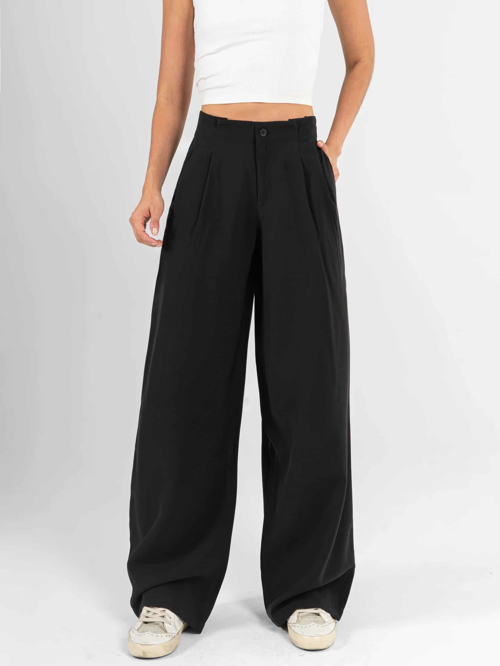 Ref: 0620585 Pantalón wide leg, tejido plano liviano, tiro alto, pretina resortada, tono negro - miniatura 1