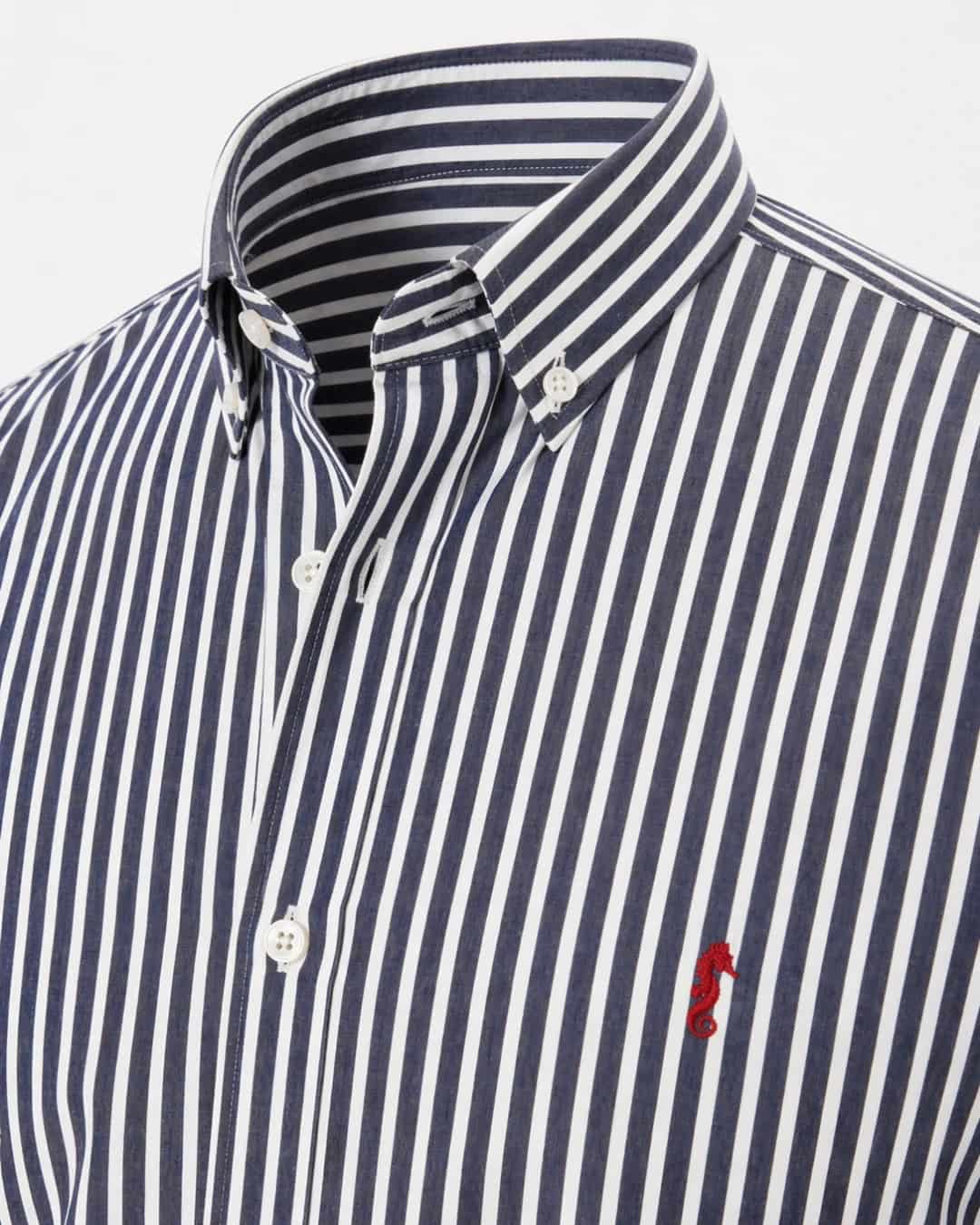 Camisa 100% Algodón Manga Larga Azul Oscuro Rayas Blancas - miniatura 2