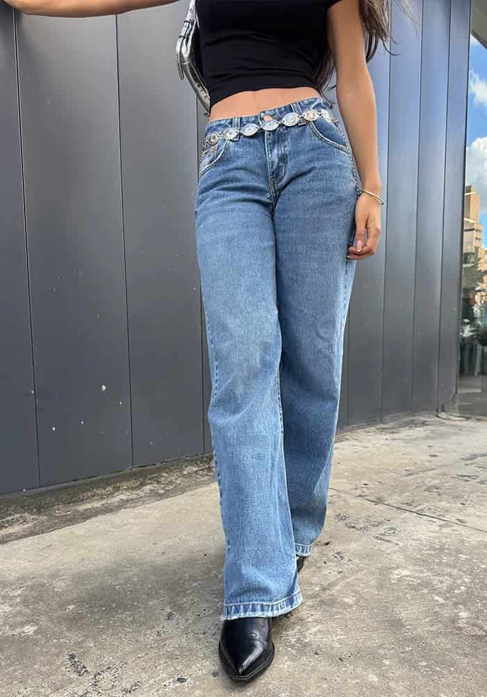 Jean para Mujer Wide Leg Tiro Bajo Azul Medio Claro - miniatura 4