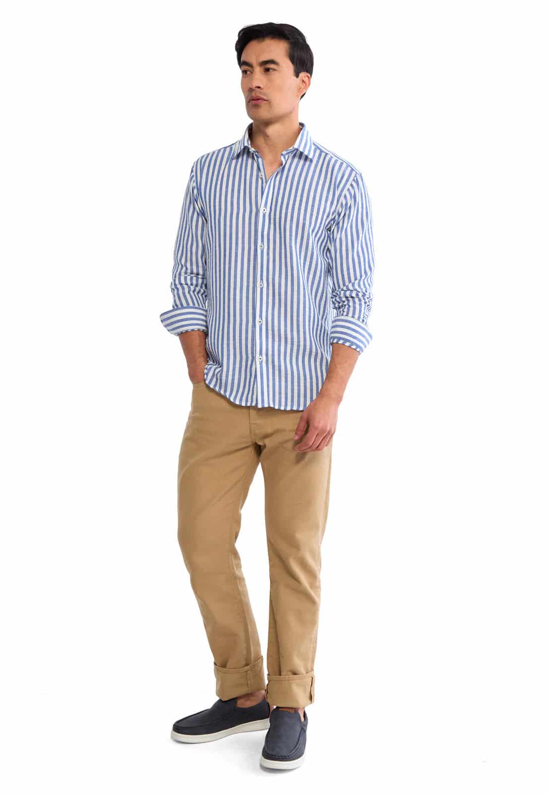 Camisa en lino azul a rayas blancas - miniatura 4