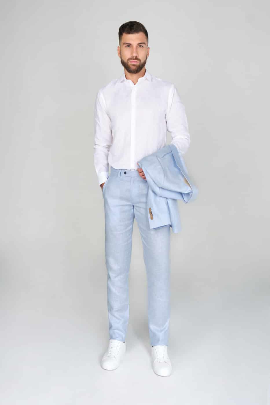 Pantalón Formal Slim Fit 100% Lino Azul Claro - miniatura 3