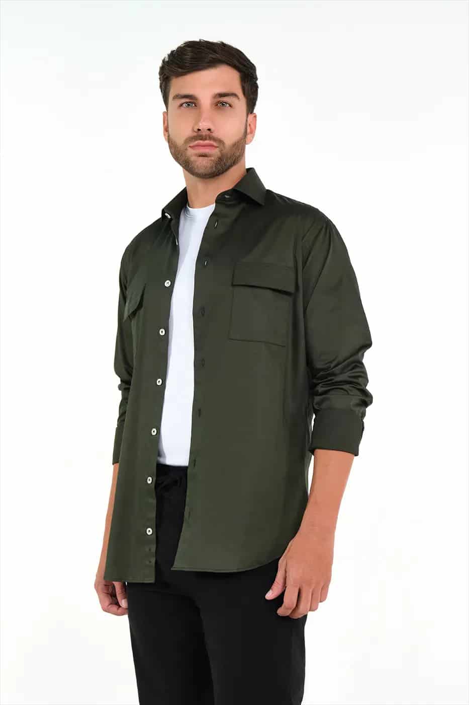 Camisa Slim Fit 100% Algodón Verde Militar - miniatura 2