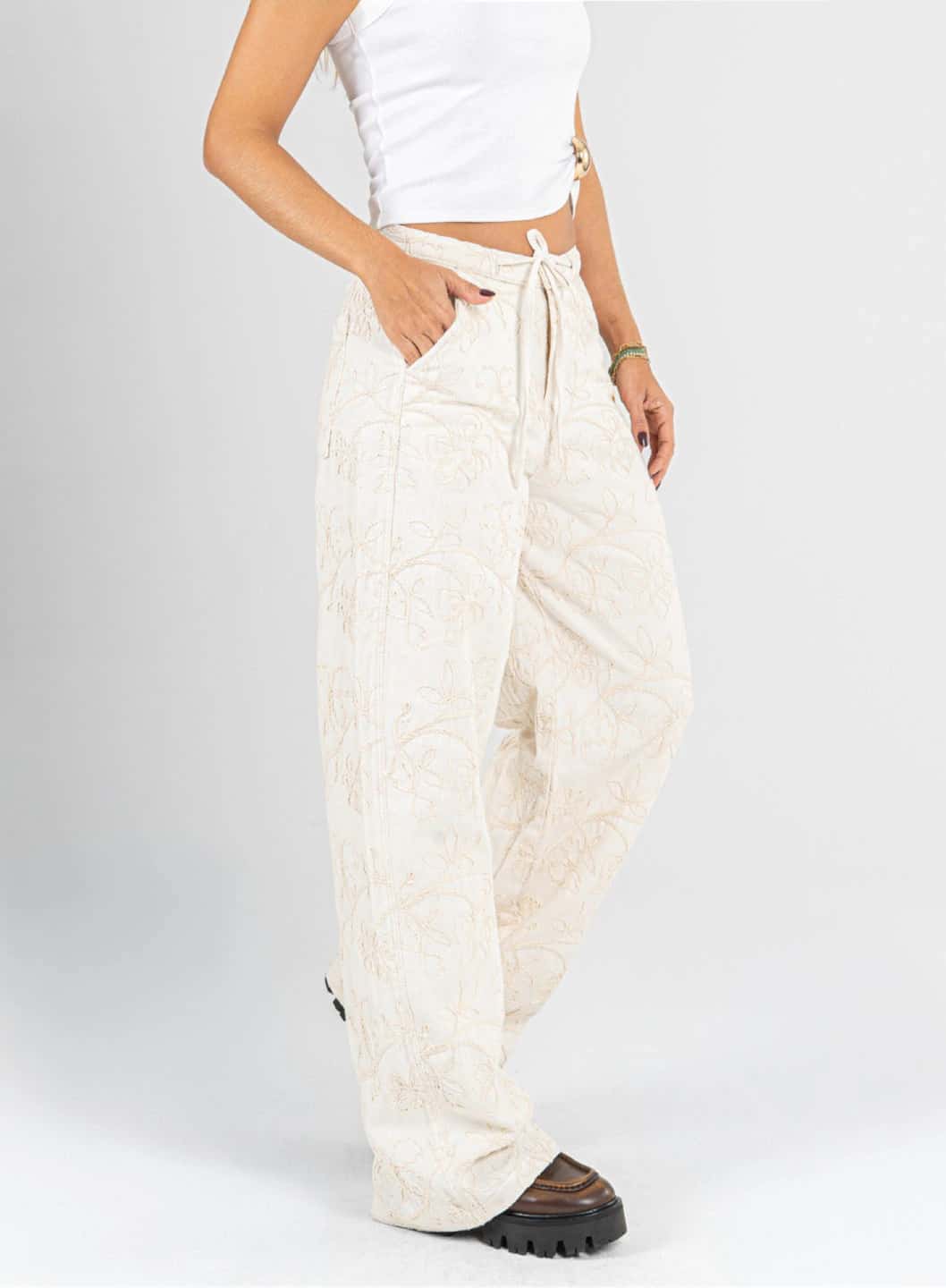 Ref: 0620654 Pantalón wide leg, tiro medio, detalle de tela bordada, tono natural - miniatura 3